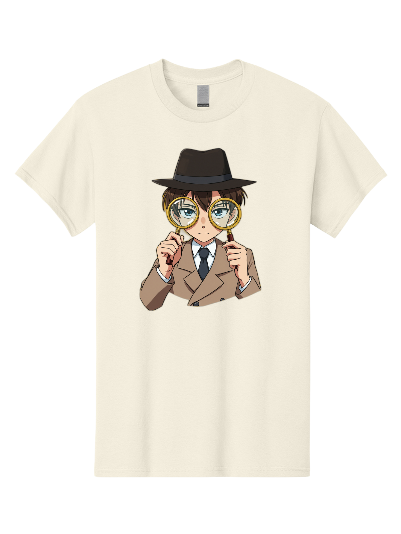 Detective-Boy Men'S Graphic Tee, 100% Cotton, Comfortable Casual Summer Wear, Machine Washable, Anime Boy, Magnifying Glass, Detective Theme, Investigation, Observation, Blue Eyes, Brown Hair, Brown Suit, Black Tie, White Shirt Bab855