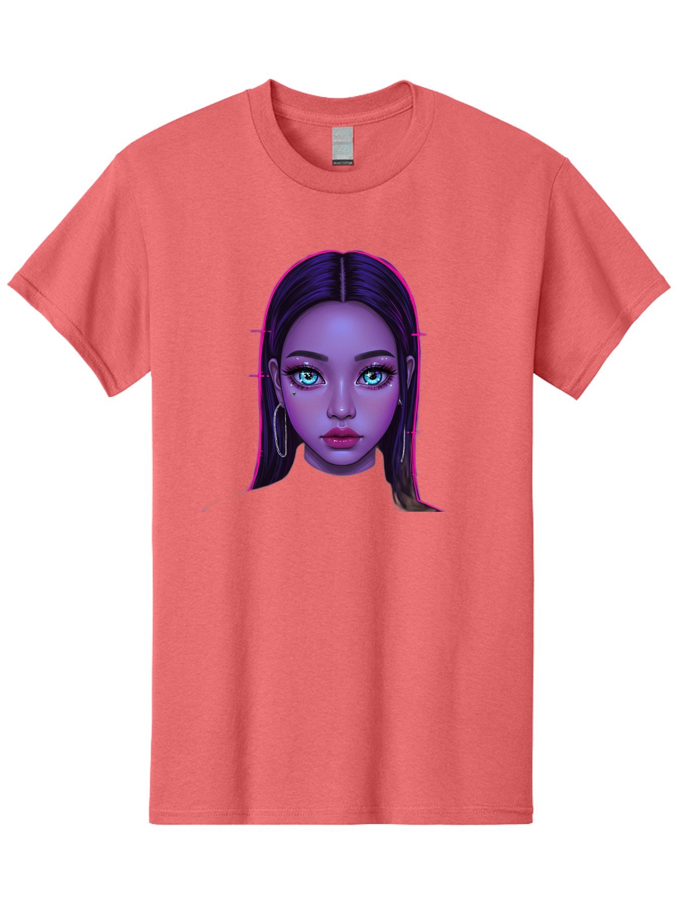 Digital-Art-Portrait Men'S Graphic Tee, 100% Cotton, Comfortable Casual Summer Wear, Machine Washable, Digital Art, Futuristic Beauty, Purple Skin Tone, Blue Eyes, Makeup, Silver Earrings, Long Hair, Straight Hair, 3D Rendering, Modern Style, Bab856