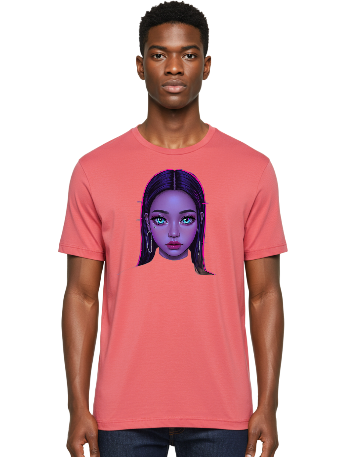 Digital-Art-Portrait Men'S Graphic Tee, 100% Cotton, Comfortable Casual Summer Wear, Machine Washable, Digital Art, Futuristic Beauty, Purple Skin Tone, Blue Eyes, Makeup, Silver Earrings, Long Hair, Straight Hair, 3D Rendering, Modern Style, Bab856