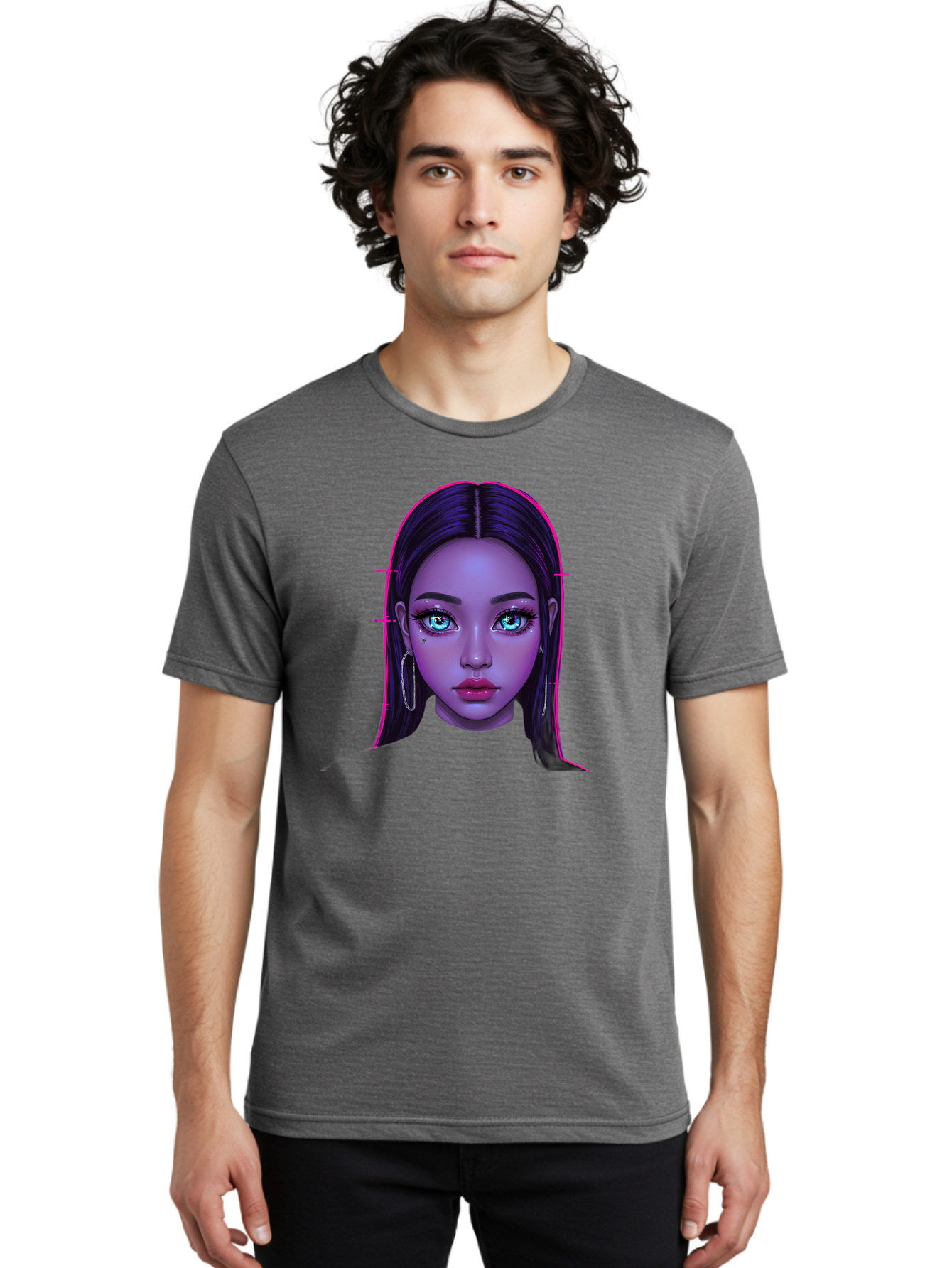 Digital-Art-Portrait Men'S Graphic Tee, 100% Cotton, Comfortable Casual Summer Wear, Machine Washable, Digital Art, Futuristic Beauty, Purple Skin Tone, Blue Eyes, Makeup, Silver Earrings, Long Hair, Straight Hair, 3D Rendering, Modern Style, Bab856