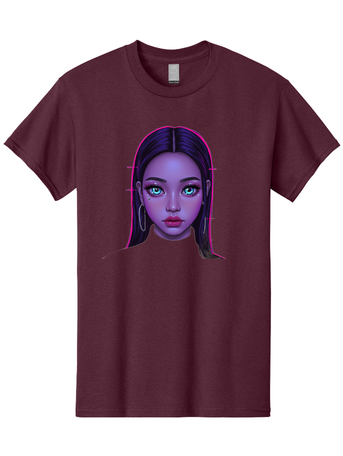 Digital-Art-Portrait Men'S Graphic Tee, 100% Cotton, Comfortable Casual Summer Wear, Machine Washable, Digital Art, Futuristic Beauty, Purple Skin Tone, Blue Eyes, Makeup, Silver Earrings, Long Hair, Straight Hair, 3D Rendering, Modern Style, Bab856