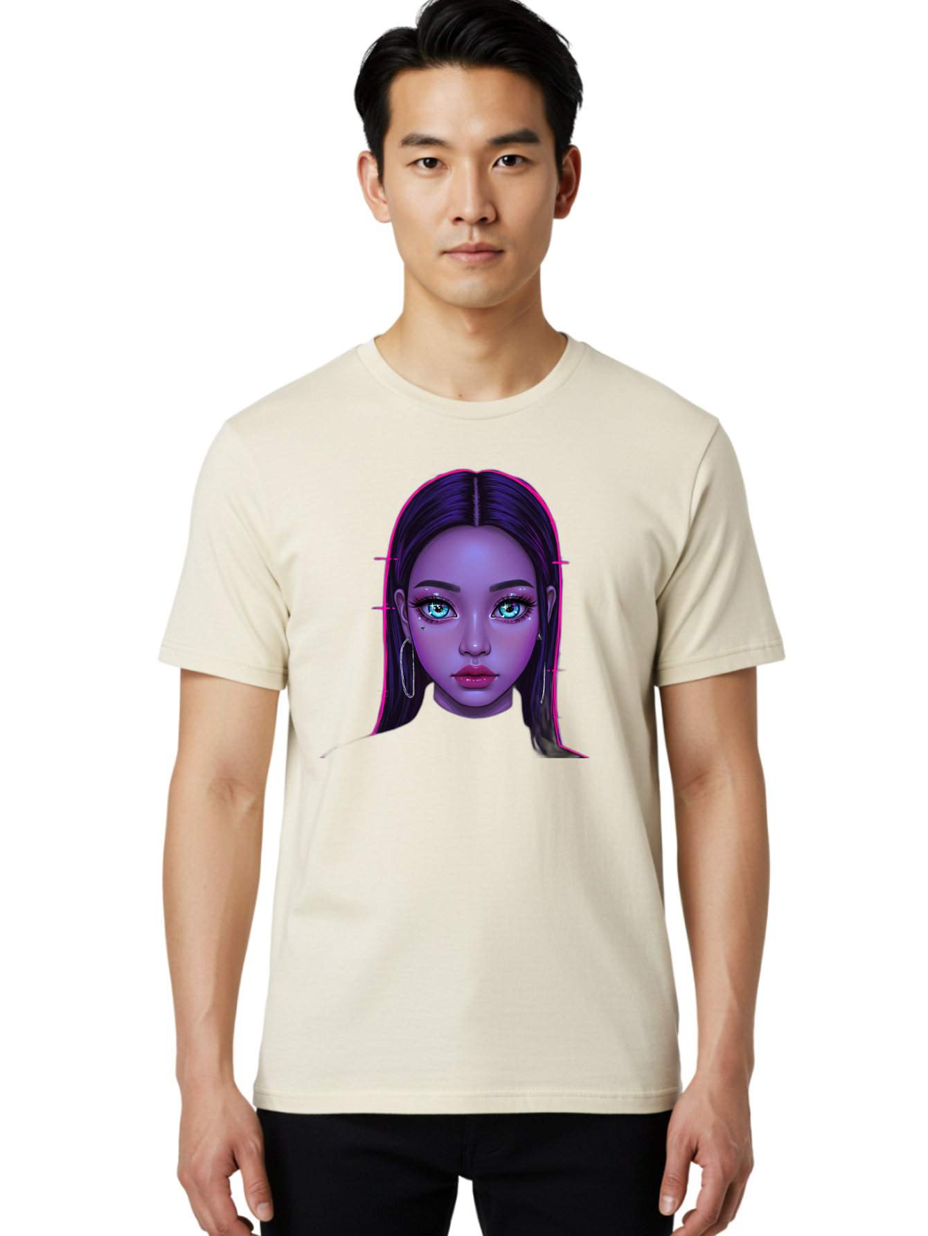 Digital-Art-Portrait Men'S Graphic Tee, 100% Cotton, Comfortable Casual Summer Wear, Machine Washable, Digital Art, Futuristic Beauty, Purple Skin Tone, Blue Eyes, Makeup, Silver Earrings, Long Hair, Straight Hair, 3D Rendering, Modern Style, Bab856