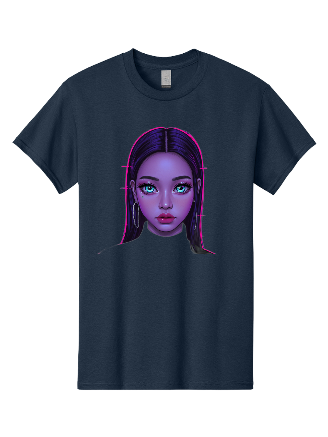 Digital-Art-Portrait Men'S Graphic Tee, 100% Cotton, Comfortable Casual Summer Wear, Machine Washable, Digital Art, Futuristic Beauty, Purple Skin Tone, Blue Eyes, Makeup, Silver Earrings, Long Hair, Straight Hair, 3D Rendering, Modern Style, Bab856