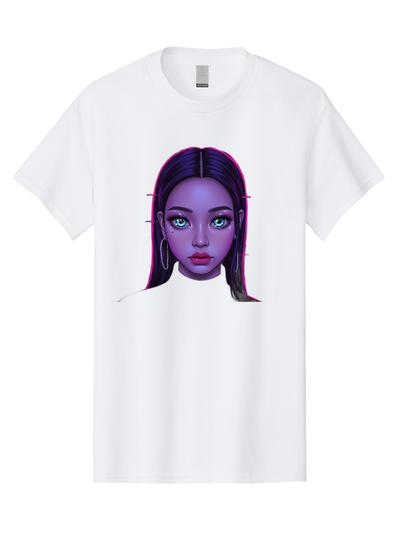 Digital-Art-Portrait Men'S Graphic Tee, 100% Cotton, Comfortable Casual Summer Wear, Machine Washable, Digital Art, Futuristic Beauty, Purple Skin Tone, Blue Eyes, Makeup, Silver Earrings, Long Hair, Straight Hair, 3D Rendering, Modern Style, Bab856