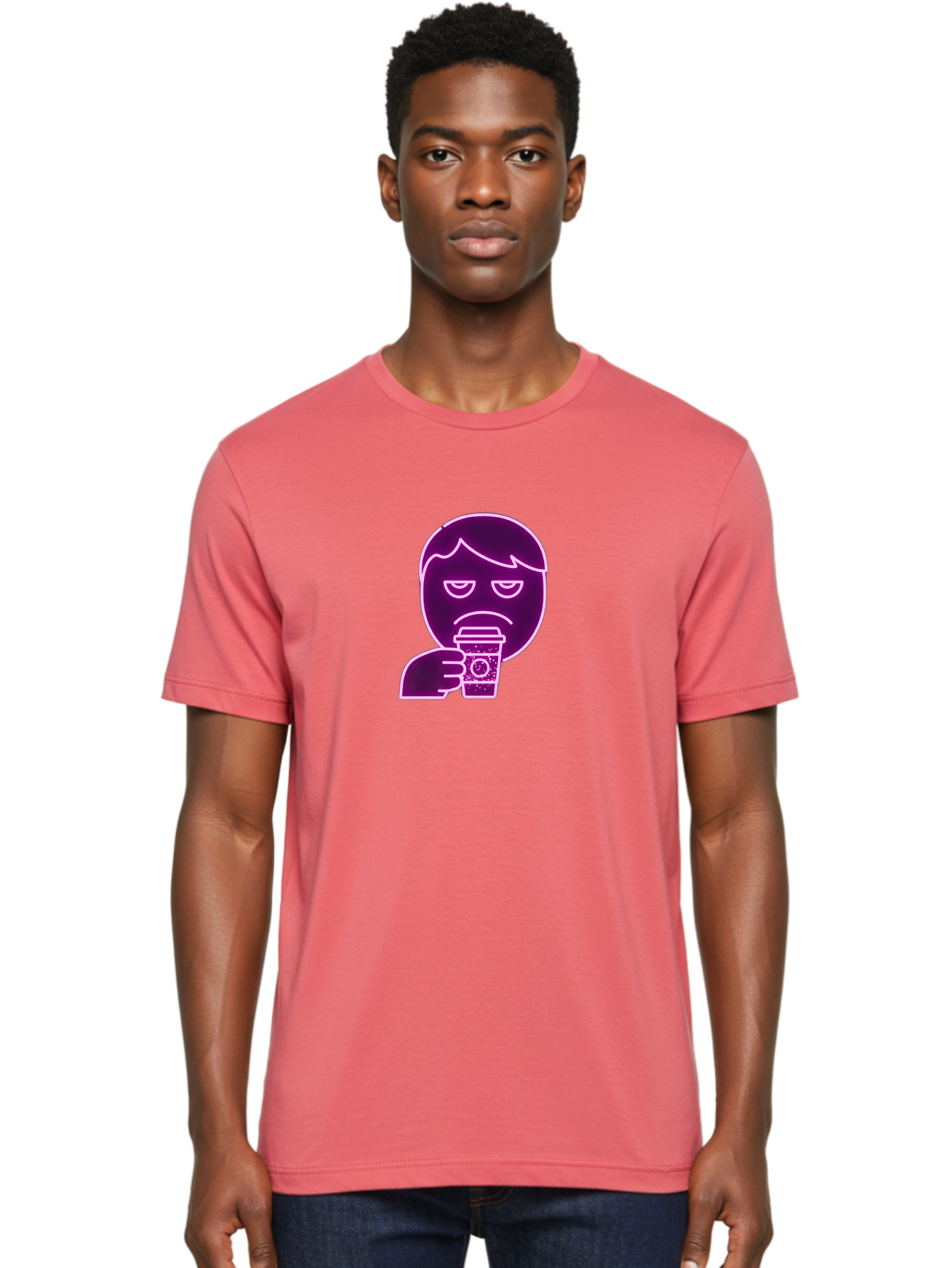 Disappointed-Coffee-Drinker Men'S Graphic Tee, 100% Cotton, Comfortable Casual Summer Wear, Machine Washable, Unhappy Person, Drinking Coffee, Sad Face, Frowning, Coffee Cup, Purple Illustration, Cartoon Character, Coffee Lover, Bab857