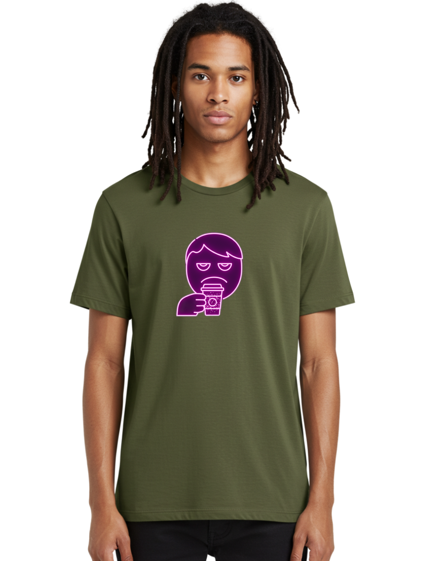 Disappointed-Coffee-Drinker Men'S Graphic Tee, 100% Cotton, Comfortable Casual Summer Wear, Machine Washable, Unhappy Person, Drinking Coffee, Sad Face, Frowning, Coffee Cup, Purple Illustration, Cartoon Character, Coffee Lover, Bab857