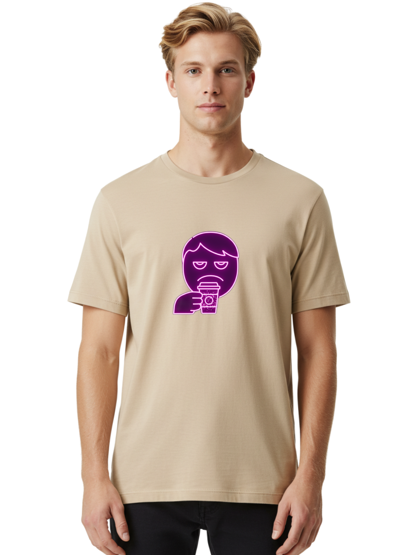 Disappointed-Coffee-Drinker Men'S Graphic Tee, 100% Cotton, Comfortable Casual Summer Wear, Machine Washable, Unhappy Person, Drinking Coffee, Sad Face, Frowning, Coffee Cup, Purple Illustration, Cartoon Character, Coffee Lover, Bab857