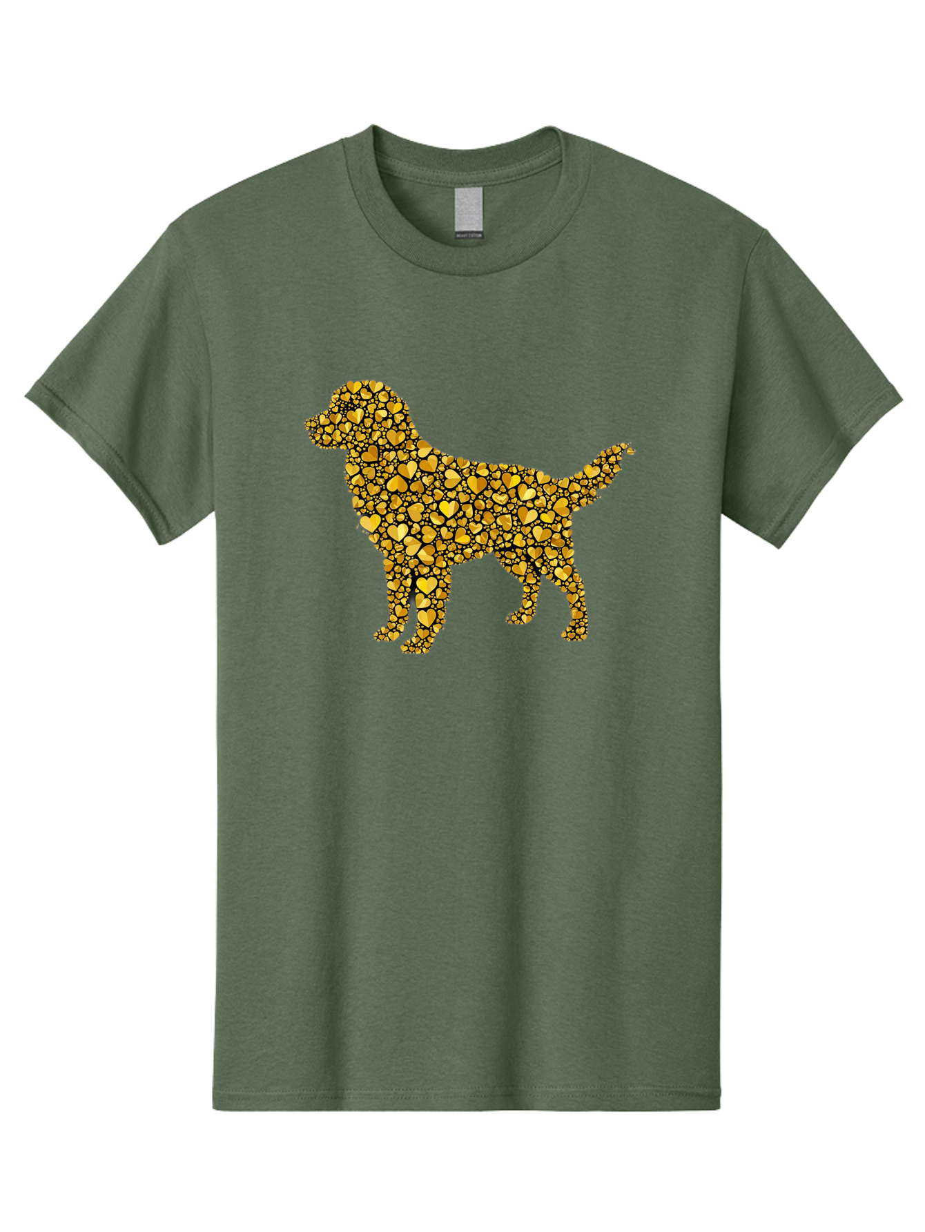 Dog-Golden-Hearts Men'S Graphic Tee, 100% Cotton, Comfortable Casual Summer Wear, Machine Washable, Dog Silhouette, Golden Hearts, Black Outlines, Animal Design, Heart Pattern, Golden Hues, Dog Shape, Heart-Filled Dog Bab860
