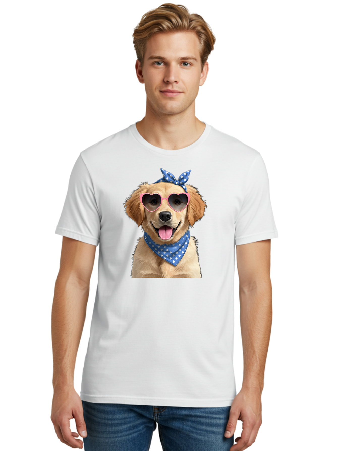 Dog-In-Sunglasses Men'S Graphic Tee, 100% Cotton, Comfortable Casual Summer Wear, Machine Washable, Golden Retriever Dog, Heart-Shaped Sunglasses, Blue Bandana, White Polka Dots, Pink Frames, Happy Dog, Playful Pet, Cute Animal, Funny Dog, Bab861