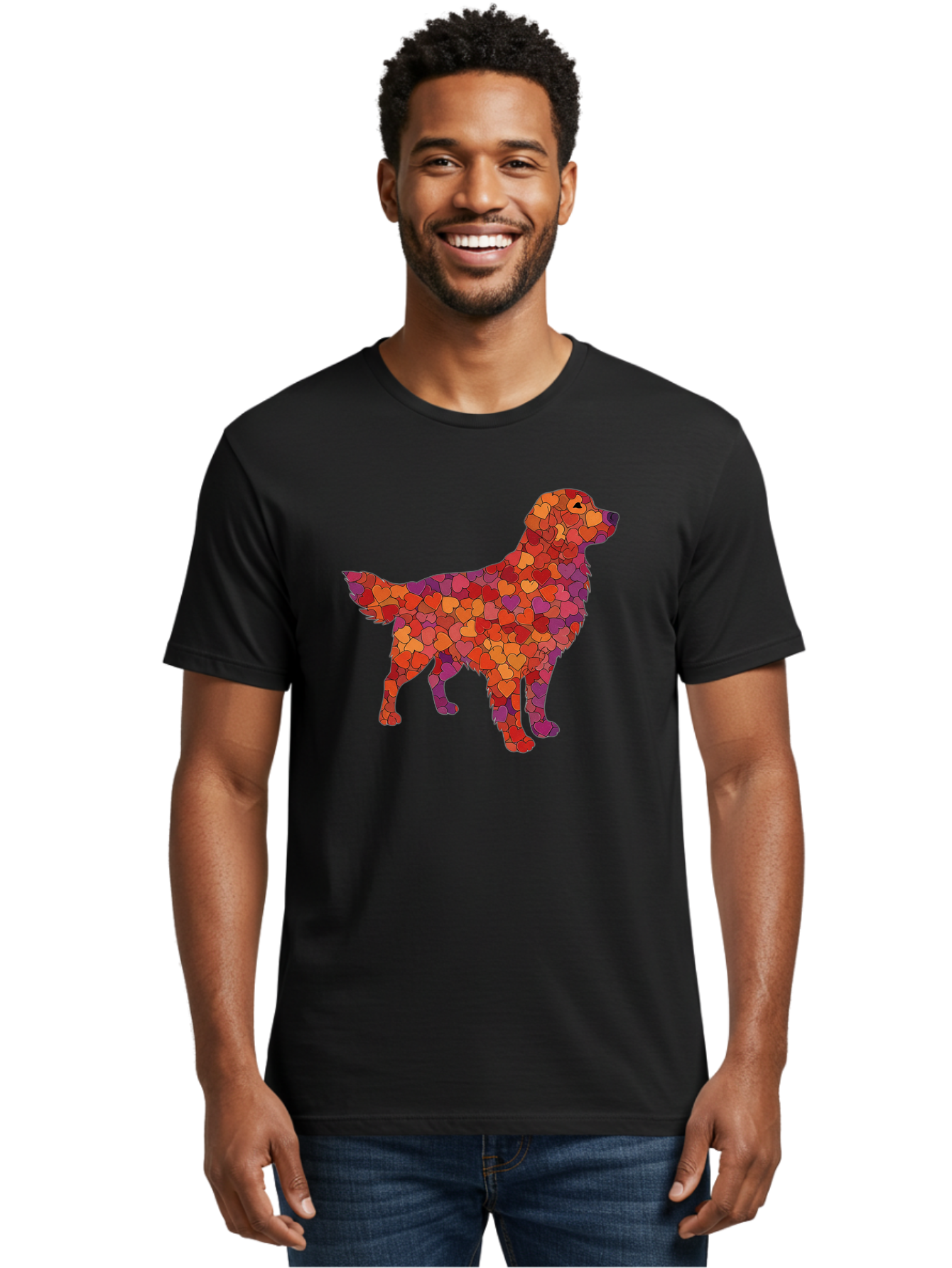 Dog-Mosaic Men'S Graphic Tee, 100% Cotton, Comfortable Casual Summer Wear, Machine Washable, Colorful Dog Silhouette, Heart-Shaped Mosaic, Orange, Red, Purple Hues, Abstract Dog Art, Vibrant Dog Design, Mosaic Art, Heart Pattern, Bab862