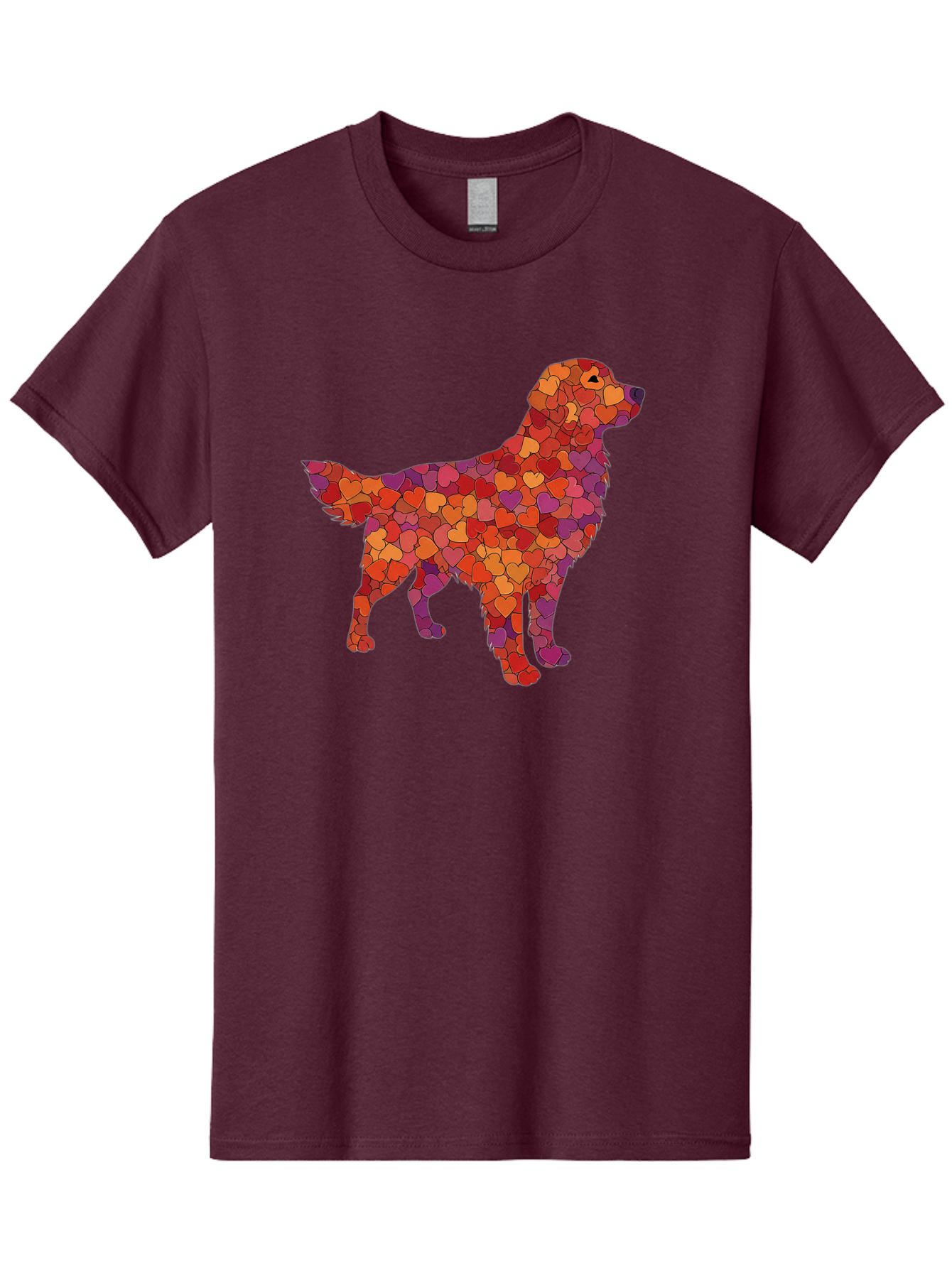 Dog-Mosaic Men'S Graphic Tee, 100% Cotton, Comfortable Casual Summer Wear, Machine Washable, Colorful Dog Silhouette, Heart-Shaped Mosaic, Orange, Red, Purple Hues, Abstract Dog Art, Vibrant Dog Design, Mosaic Art, Heart Pattern, Bab862