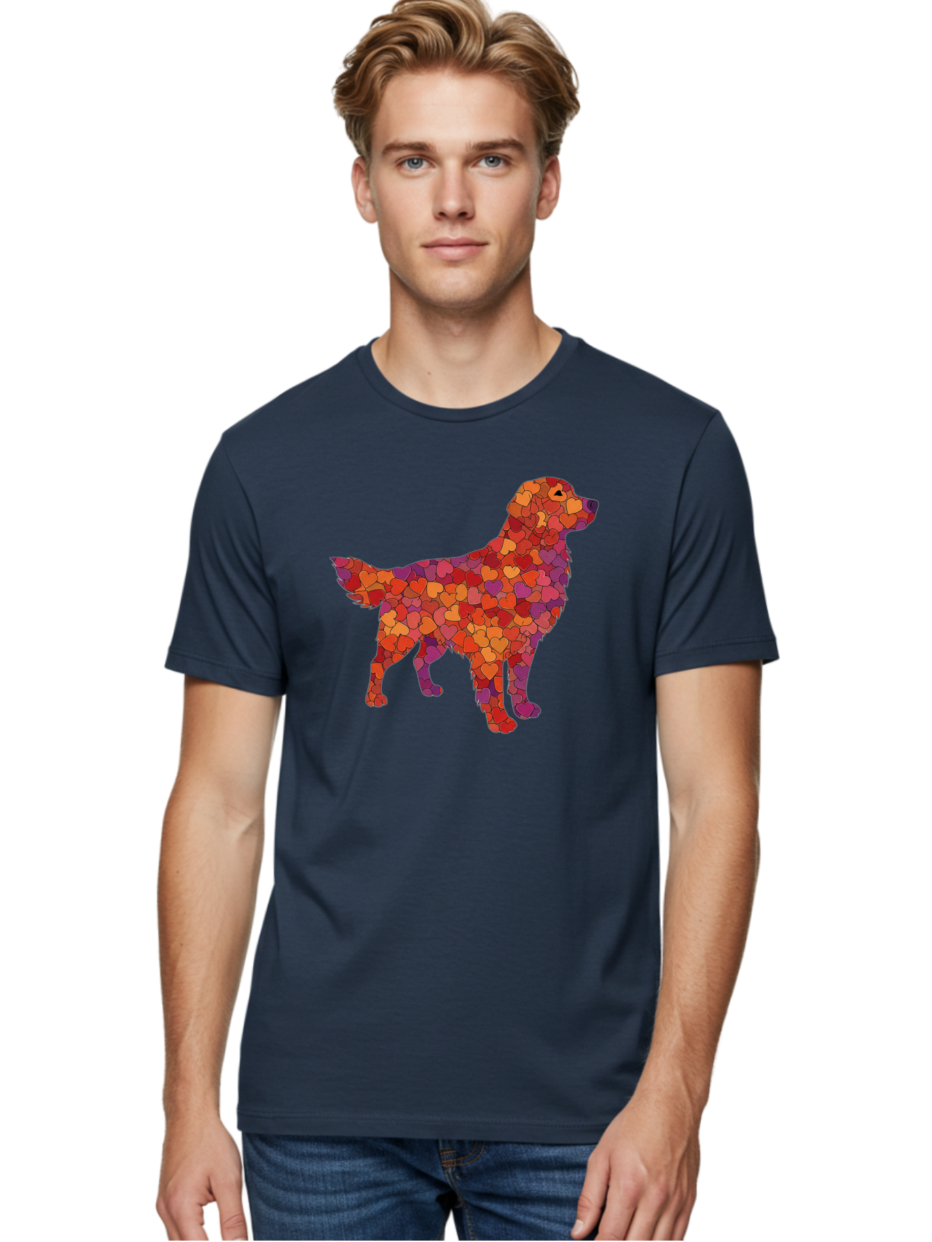 Dog-Mosaic Men'S Graphic Tee, 100% Cotton, Comfortable Casual Summer Wear, Machine Washable, Colorful Dog Silhouette, Heart-Shaped Mosaic, Orange, Red, Purple Hues, Abstract Dog Art, Vibrant Dog Design, Mosaic Art, Heart Pattern, Bab862