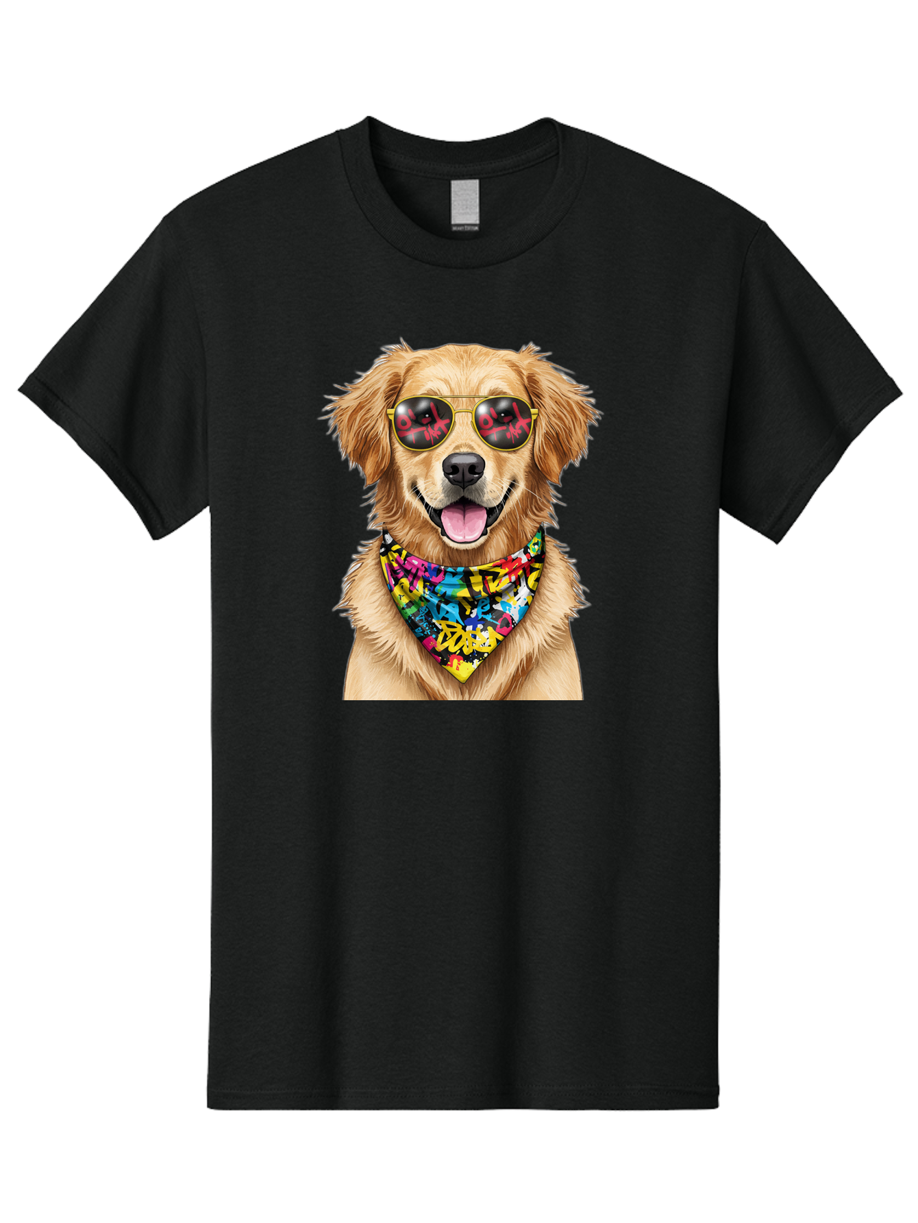 Dog Men'S Graphic Tee, 100% Cotton, Comfortable Casual Summer Wear, Machine Washable, Golden Retriever, Dog Wearing Sunglasses, Colorful Bandana, Dog Collar, Trendy Dog, Cool Canine, Fun Pet, Vibrant Accessories, Hipster Dog, Stylish Pup Bab865