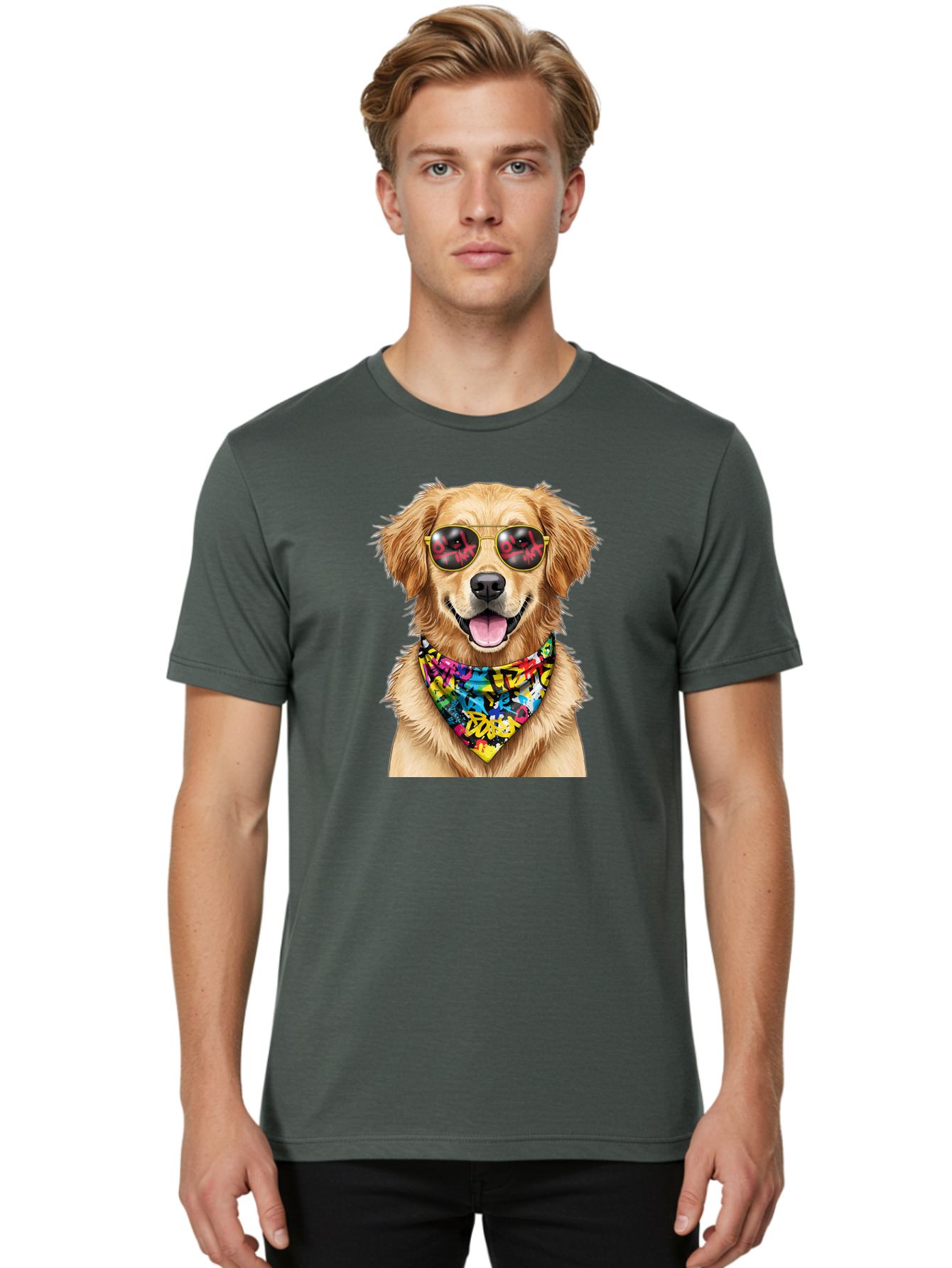 Dog Men'S Graphic Tee, 100% Cotton, Comfortable Casual Summer Wear, Machine Washable, Golden Retriever, Dog Wearing Sunglasses, Colorful Bandana, Dog Collar, Trendy Dog, Cool Canine, Fun Pet, Vibrant Accessories, Hipster Dog, Stylish Pup Bab865