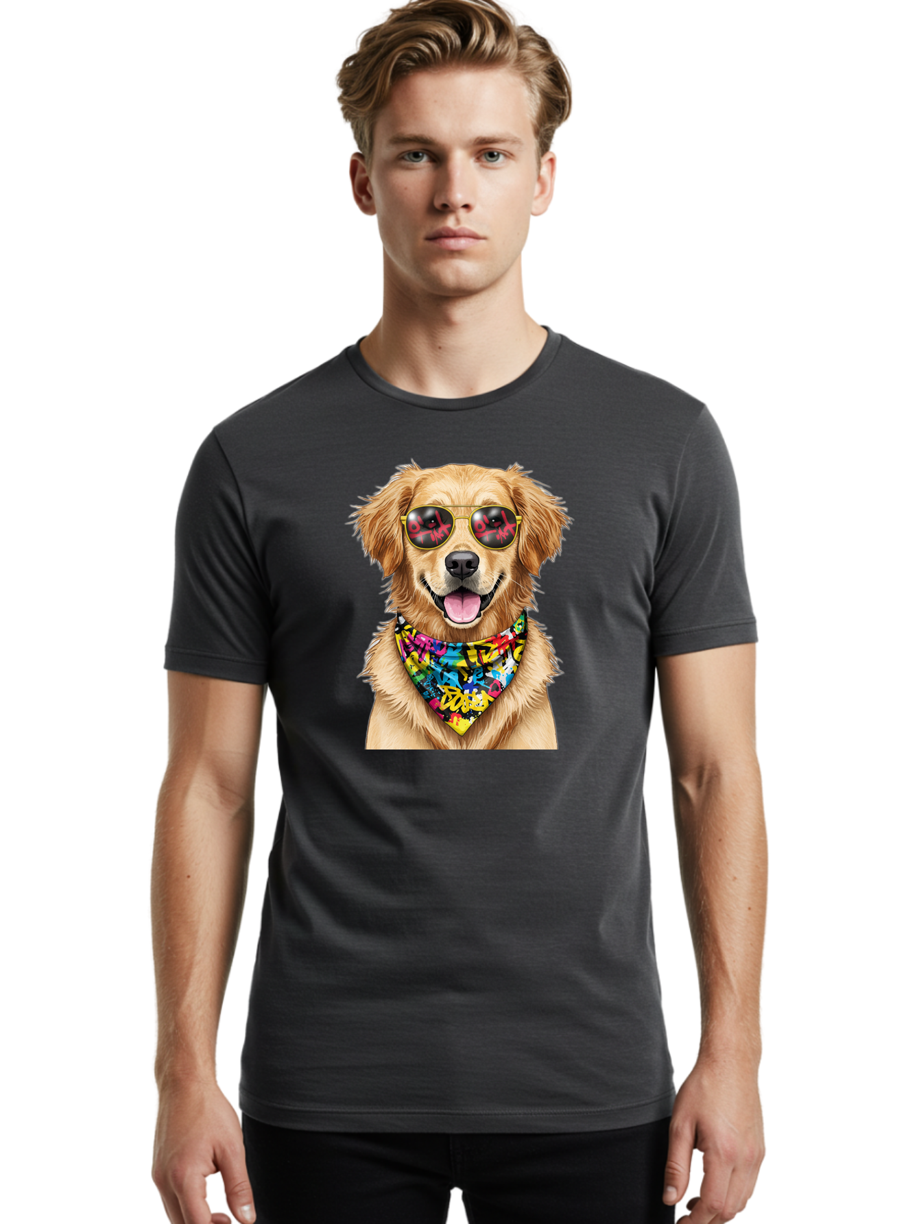 Dog Men'S Graphic Tee, 100% Cotton, Comfortable Casual Summer Wear, Machine Washable, Golden Retriever, Dog Wearing Sunglasses, Colorful Bandana, Dog Collar, Trendy Dog, Cool Canine, Fun Pet, Vibrant Accessories, Hipster Dog, Stylish Pup Bab865