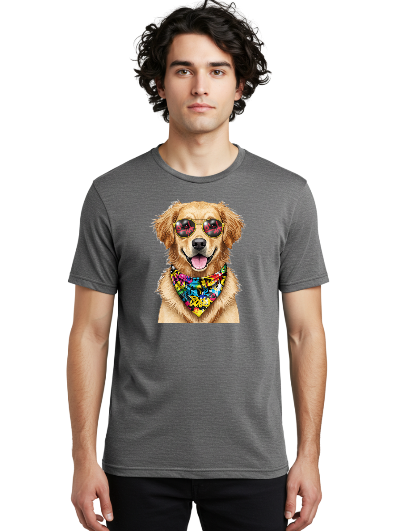 Dog Men'S Graphic Tee, 100% Cotton, Comfortable Casual Summer Wear, Machine Washable, Golden Retriever, Dog Wearing Sunglasses, Colorful Bandana, Dog Collar, Trendy Dog, Cool Canine, Fun Pet, Vibrant Accessories, Hipster Dog, Stylish Pup Bab865