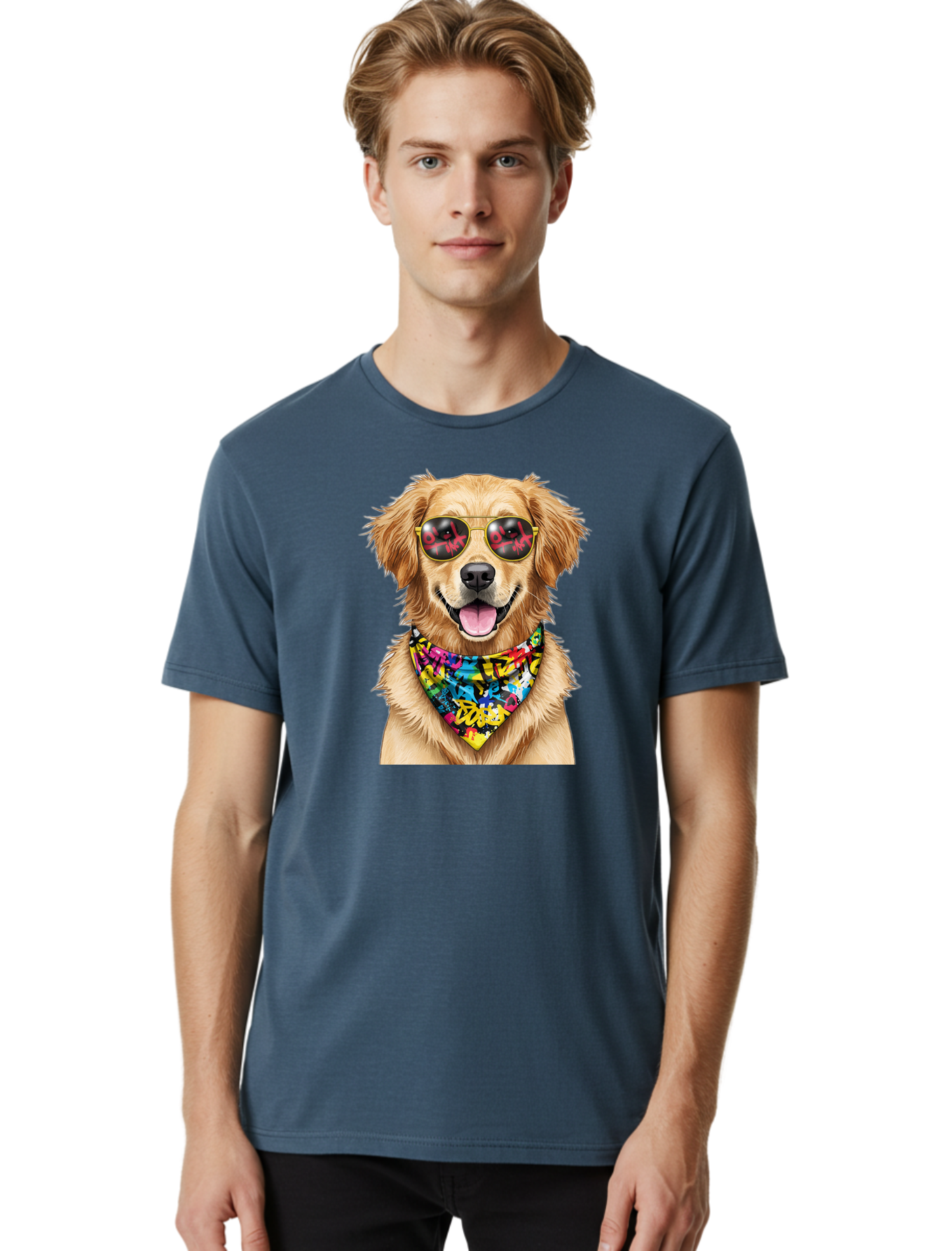 Dog Men'S Graphic Tee, 100% Cotton, Comfortable Casual Summer Wear, Machine Washable, Golden Retriever, Dog Wearing Sunglasses, Colorful Bandana, Dog Collar, Trendy Dog, Cool Canine, Fun Pet, Vibrant Accessories, Hipster Dog, Stylish Pup Bab865