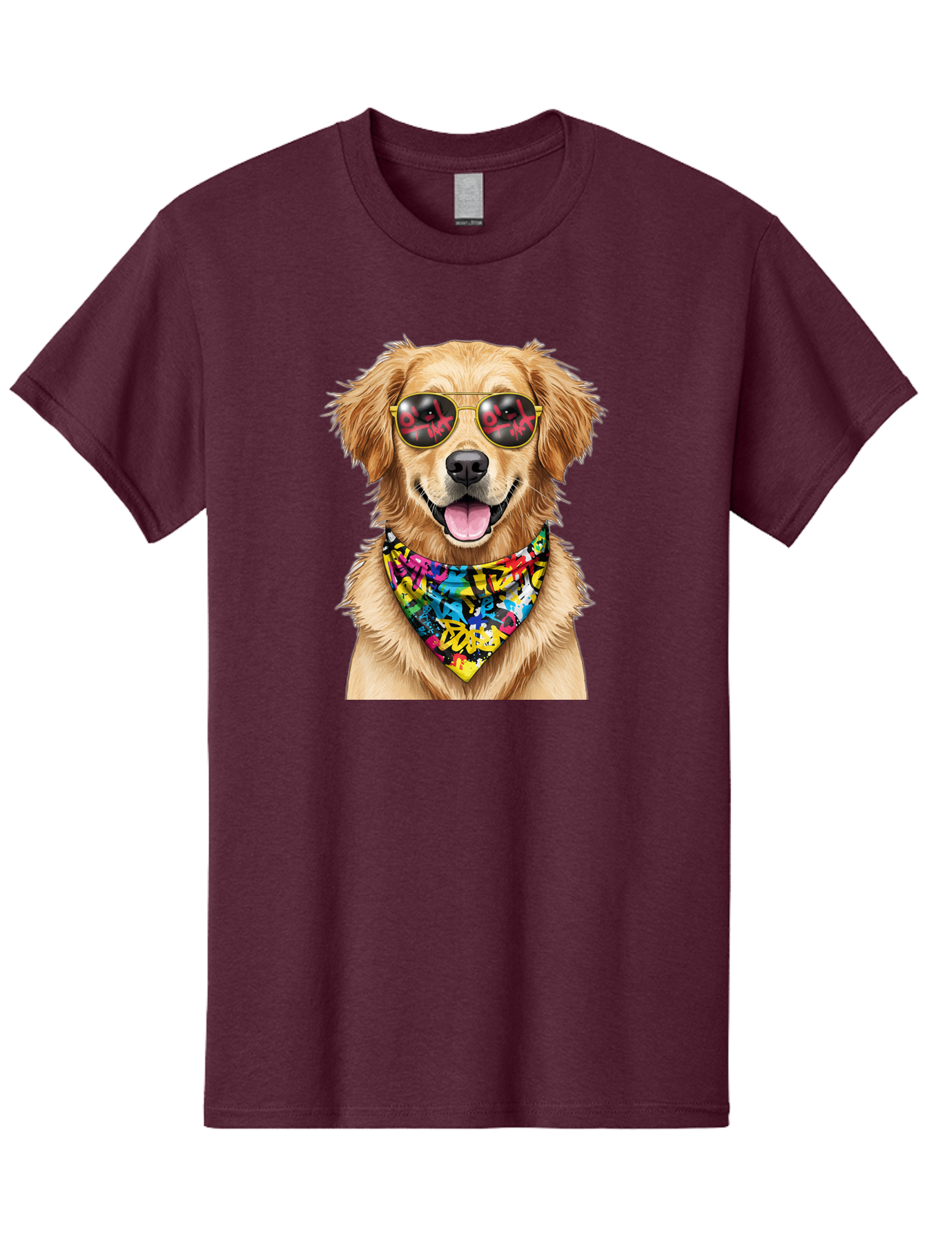 Dog Men'S Graphic Tee, 100% Cotton, Comfortable Casual Summer Wear, Machine Washable, Golden Retriever, Dog Wearing Sunglasses, Colorful Bandana, Dog Collar, Trendy Dog, Cool Canine, Fun Pet, Vibrant Accessories, Hipster Dog, Stylish Pup Bab865