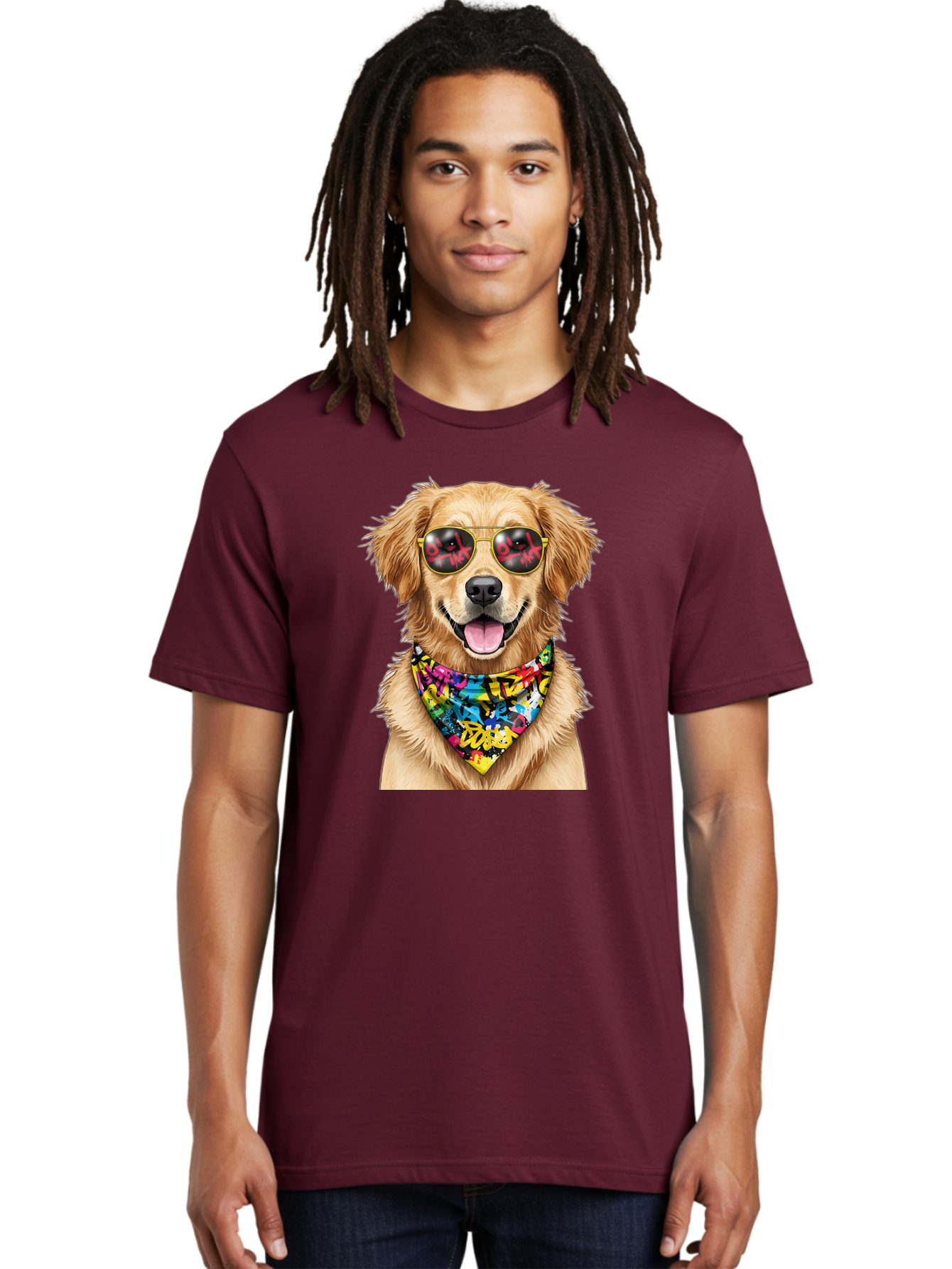 Dog Men'S Graphic Tee, 100% Cotton, Comfortable Casual Summer Wear, Machine Washable, Golden Retriever, Dog Wearing Sunglasses, Colorful Bandana, Dog Collar, Trendy Dog, Cool Canine, Fun Pet, Vibrant Accessories, Hipster Dog, Stylish Pup Bab865