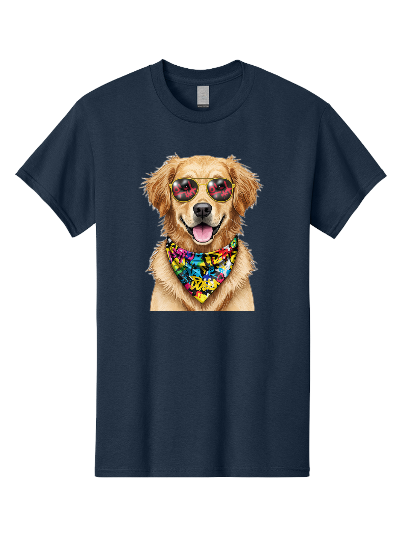 Dog Men'S Graphic Tee, 100% Cotton, Comfortable Casual Summer Wear, Machine Washable, Golden Retriever, Dog Wearing Sunglasses, Colorful Bandana, Dog Collar, Trendy Dog, Cool Canine, Fun Pet, Vibrant Accessories, Hipster Dog, Stylish Pup Bab865