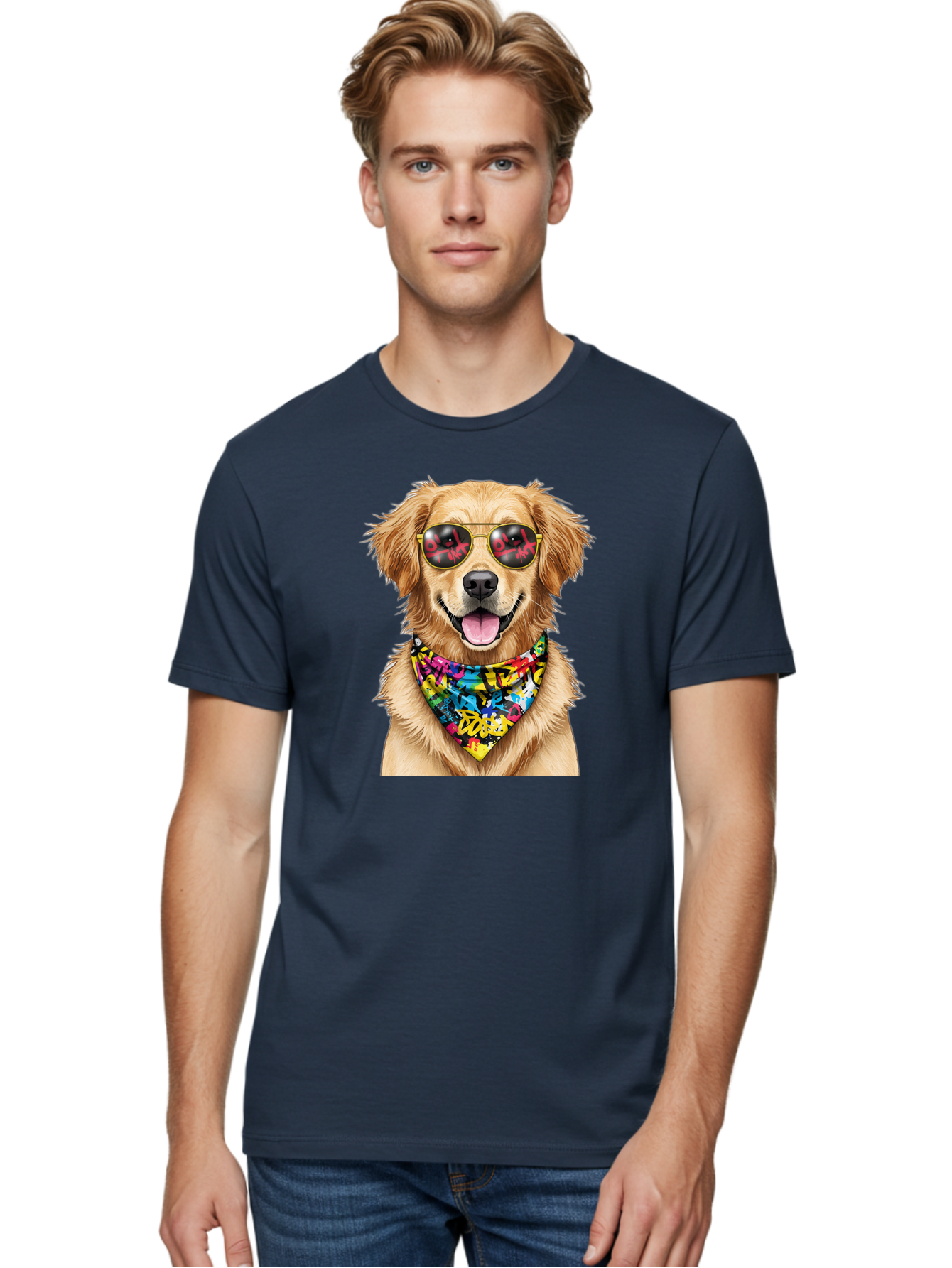 Dog Men'S Graphic Tee, 100% Cotton, Comfortable Casual Summer Wear, Machine Washable, Golden Retriever, Dog Wearing Sunglasses, Colorful Bandana, Dog Collar, Trendy Dog, Cool Canine, Fun Pet, Vibrant Accessories, Hipster Dog, Stylish Pup Bab865