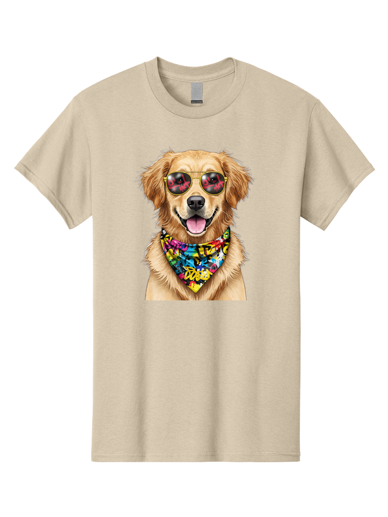 Dog Men'S Graphic Tee, 100% Cotton, Comfortable Casual Summer Wear, Machine Washable, Golden Retriever, Dog Wearing Sunglasses, Colorful Bandana, Dog Collar, Trendy Dog, Cool Canine, Fun Pet, Vibrant Accessories, Hipster Dog, Stylish Pup Bab865