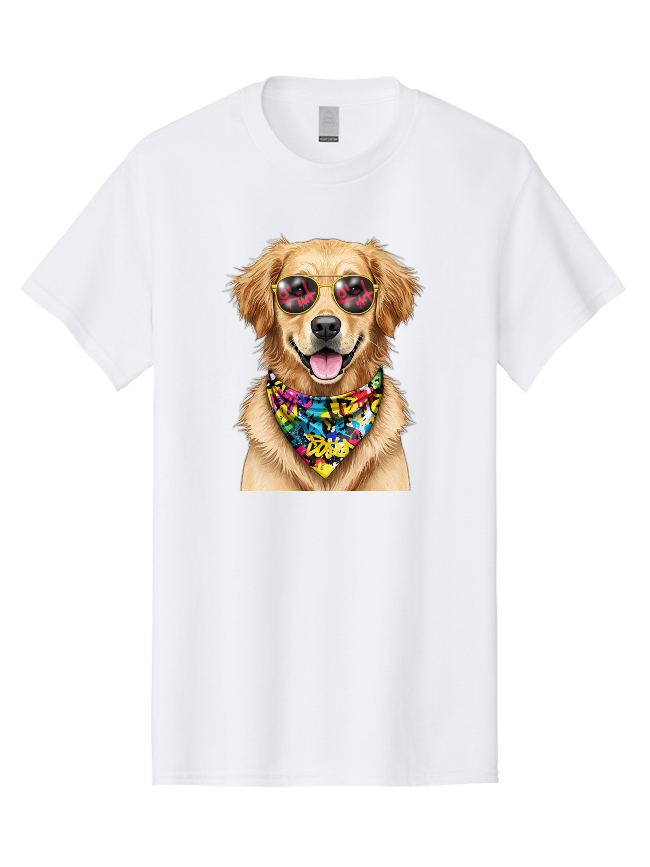 Dog Men'S Graphic Tee, 100% Cotton, Comfortable Casual Summer Wear, Machine Washable, Golden Retriever, Dog Wearing Sunglasses, Colorful Bandana, Dog Collar, Trendy Dog, Cool Canine, Fun Pet, Vibrant Accessories, Hipster Dog, Stylish Pup Bab865