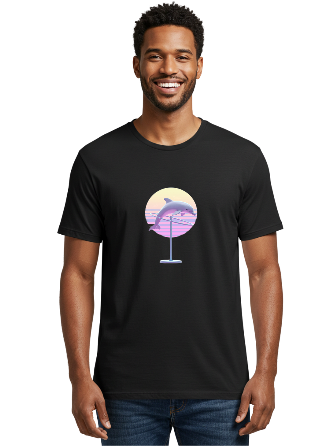 Dolphin-Spin-Art Men'S Graphic Tee, 100% Cotton, Comfortable Casual Summer Wear, Machine Washable, Dolphin Leaping, Ocean Scenery, Pastel Colors, Abstract Art, Surrealism, 3D Illustration, Creative Design, Modern Artwork, Minimalist Style, Bab866