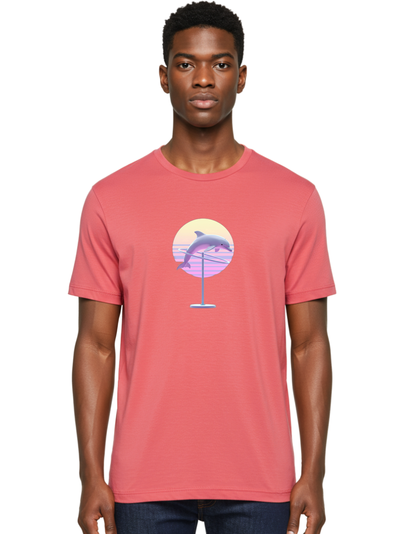 Dolphin-Spin-Art Men'S Graphic Tee, 100% Cotton, Comfortable Casual Summer Wear, Machine Washable, Dolphin Leaping, Ocean Scenery, Pastel Colors, Abstract Art, Surrealism, 3D Illustration, Creative Design, Modern Artwork, Minimalist Style, Bab866