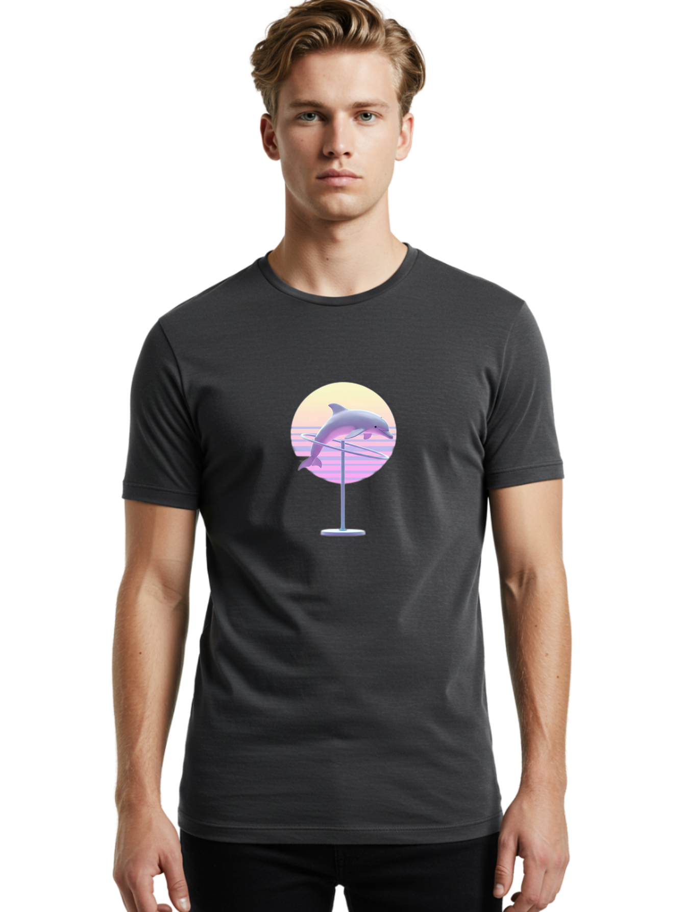 Dolphin-Spin-Art Men'S Graphic Tee, 100% Cotton, Comfortable Casual Summer Wear, Machine Washable, Dolphin Leaping, Ocean Scenery, Pastel Colors, Abstract Art, Surrealism, 3D Illustration, Creative Design, Modern Artwork, Minimalist Style, Bab866