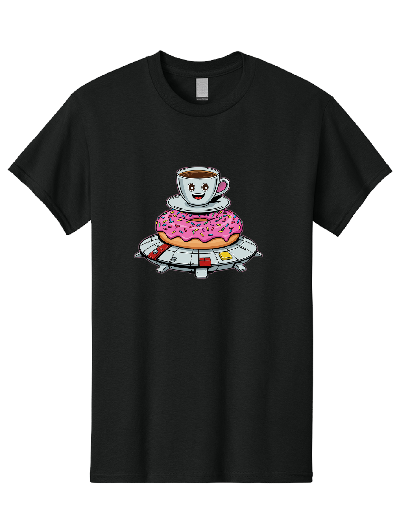Donut-Coffee-Ufo Men'S Graphic Tee, 100% Cotton, Comfortable Casual Summer Wear, Machine Washable, Smiling Coffee Cup, Donut With Sprinkles, Flying Saucer, Cartoon Style, Whimsical Design, Fantasy Food, Humorous Illustration, Bab868