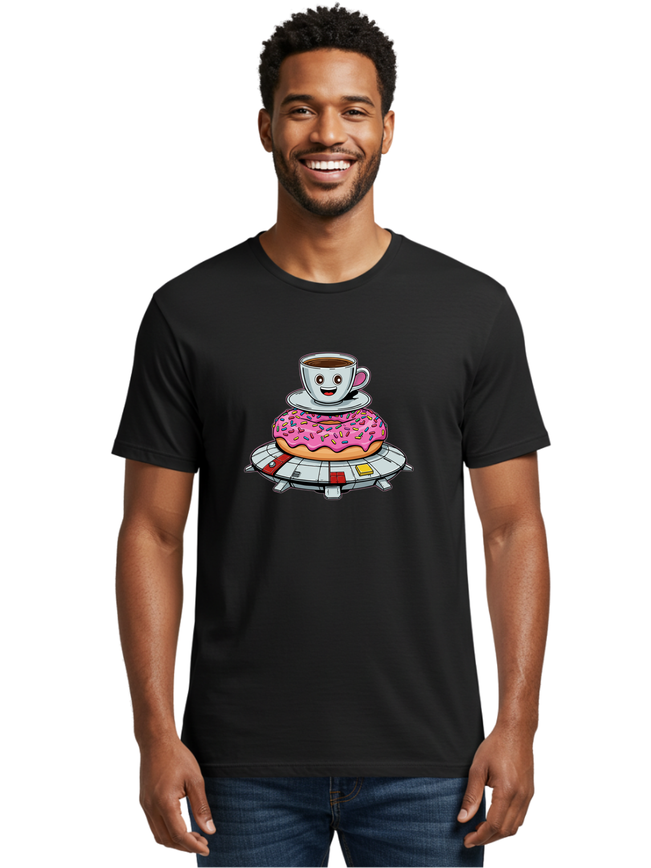 Donut-Coffee-Ufo Men'S Graphic Tee, 100% Cotton, Comfortable Casual Summer Wear, Machine Washable, Smiling Coffee Cup, Donut With Sprinkles, Flying Saucer, Cartoon Style, Whimsical Design, Fantasy Food, Humorous Illustration, Bab868