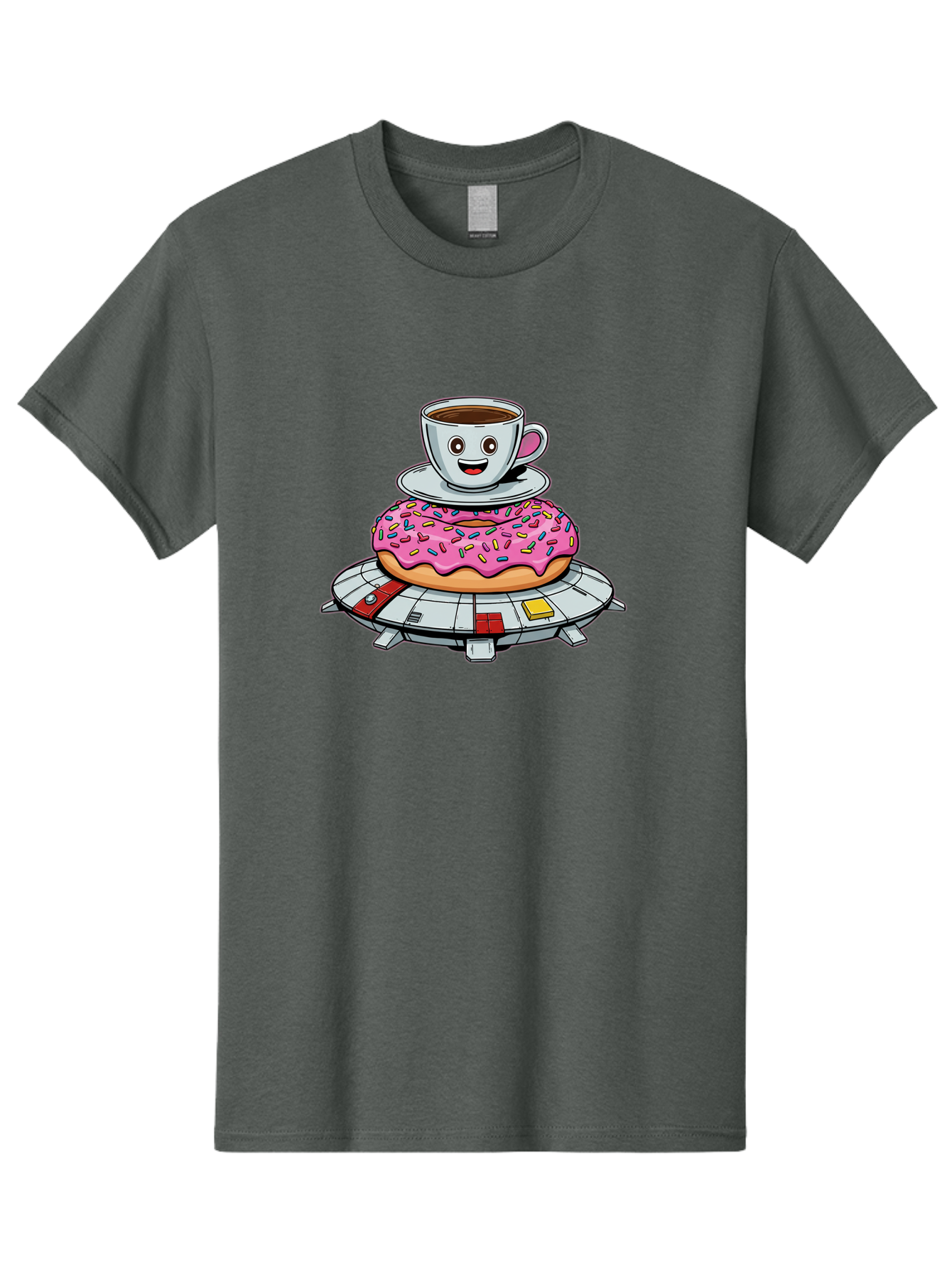 Donut-Coffee-Ufo Men'S Graphic Tee, 100% Cotton, Comfortable Casual Summer Wear, Machine Washable, Smiling Coffee Cup, Donut With Sprinkles, Flying Saucer, Cartoon Style, Whimsical Design, Fantasy Food, Humorous Illustration, Bab868