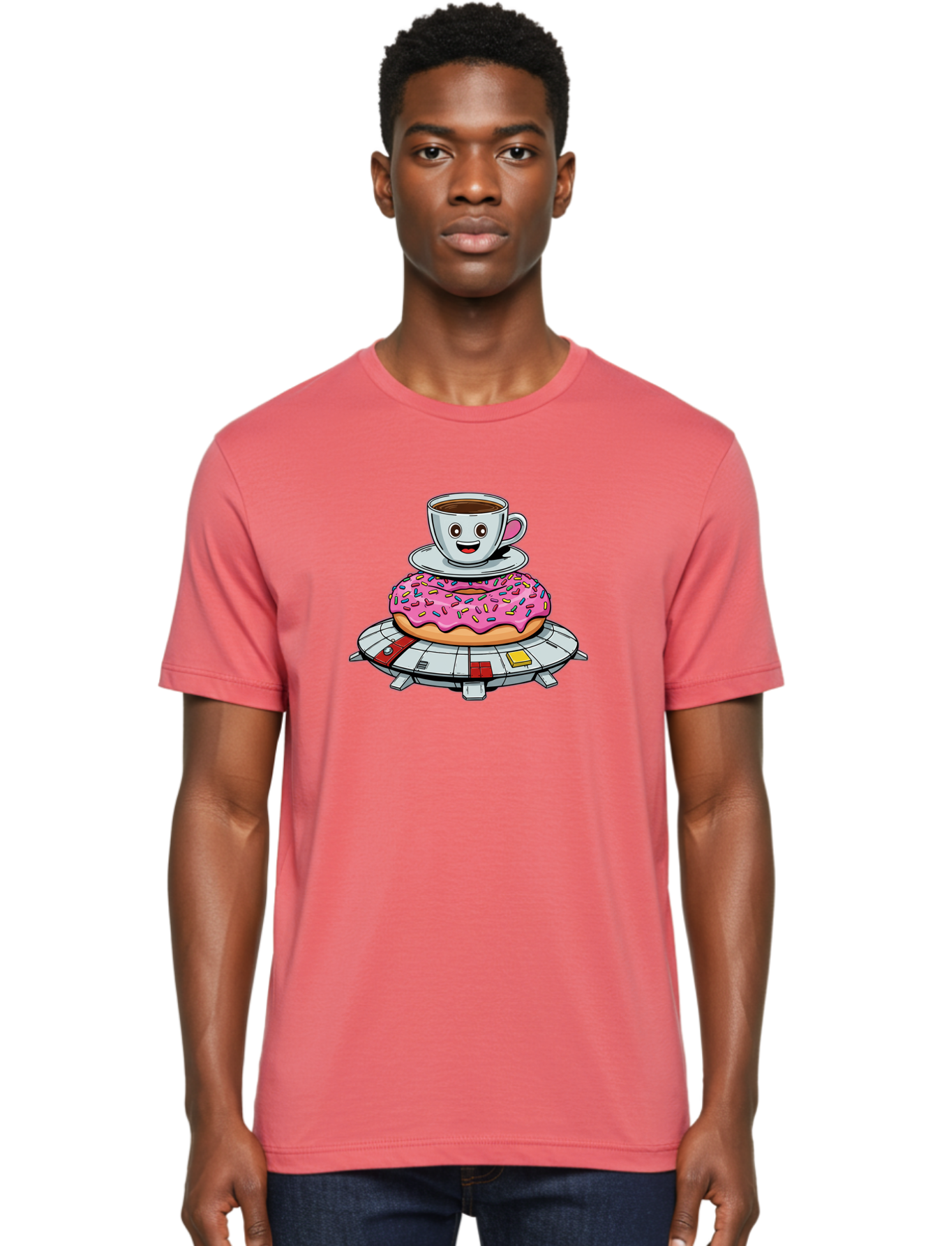 Donut-Coffee-Ufo Men'S Graphic Tee, 100% Cotton, Comfortable Casual Summer Wear, Machine Washable, Smiling Coffee Cup, Donut With Sprinkles, Flying Saucer, Cartoon Style, Whimsical Design, Fantasy Food, Humorous Illustration, Bab868