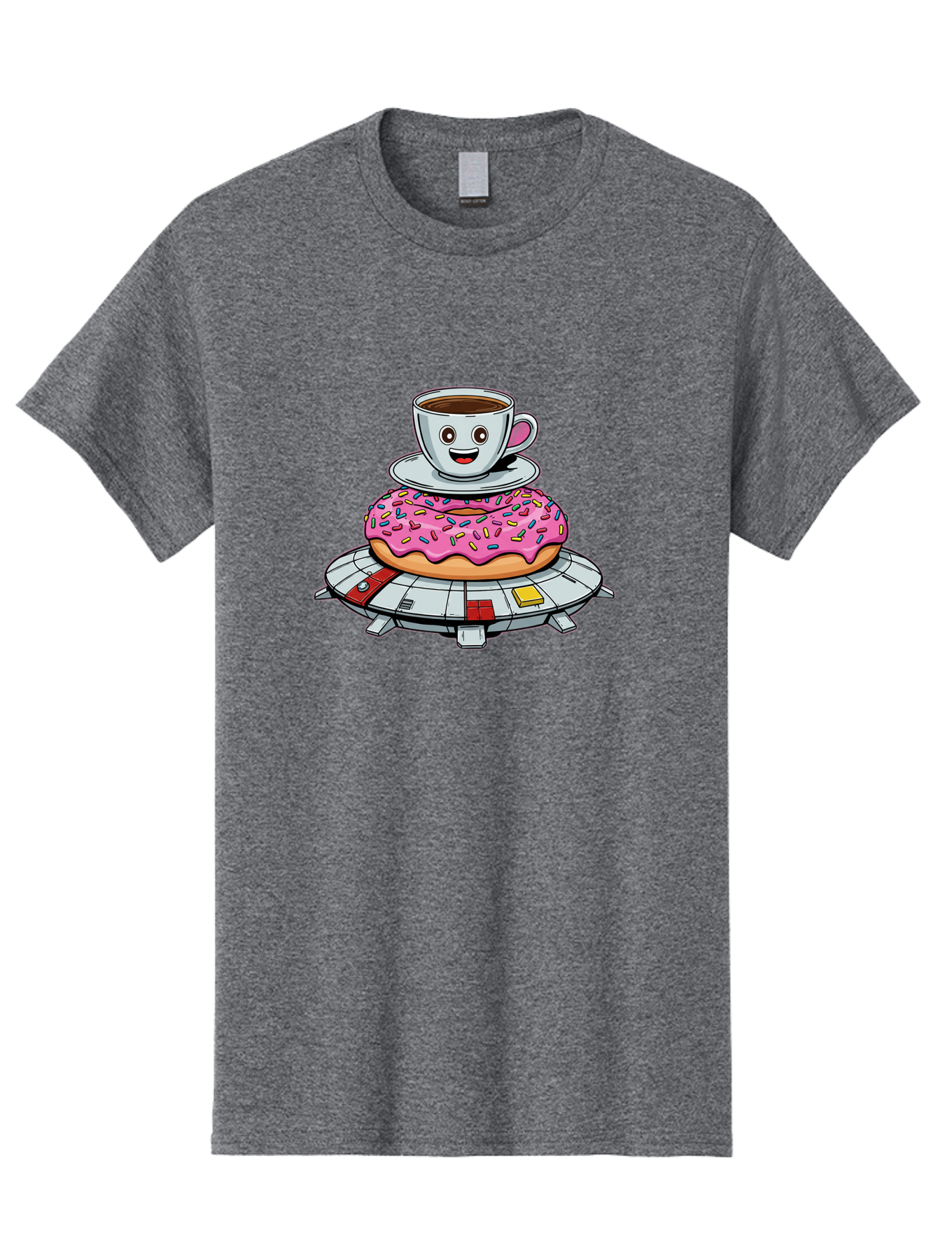Donut-Coffee-Ufo Men'S Graphic Tee, 100% Cotton, Comfortable Casual Summer Wear, Machine Washable, Smiling Coffee Cup, Donut With Sprinkles, Flying Saucer, Cartoon Style, Whimsical Design, Fantasy Food, Humorous Illustration, Bab868