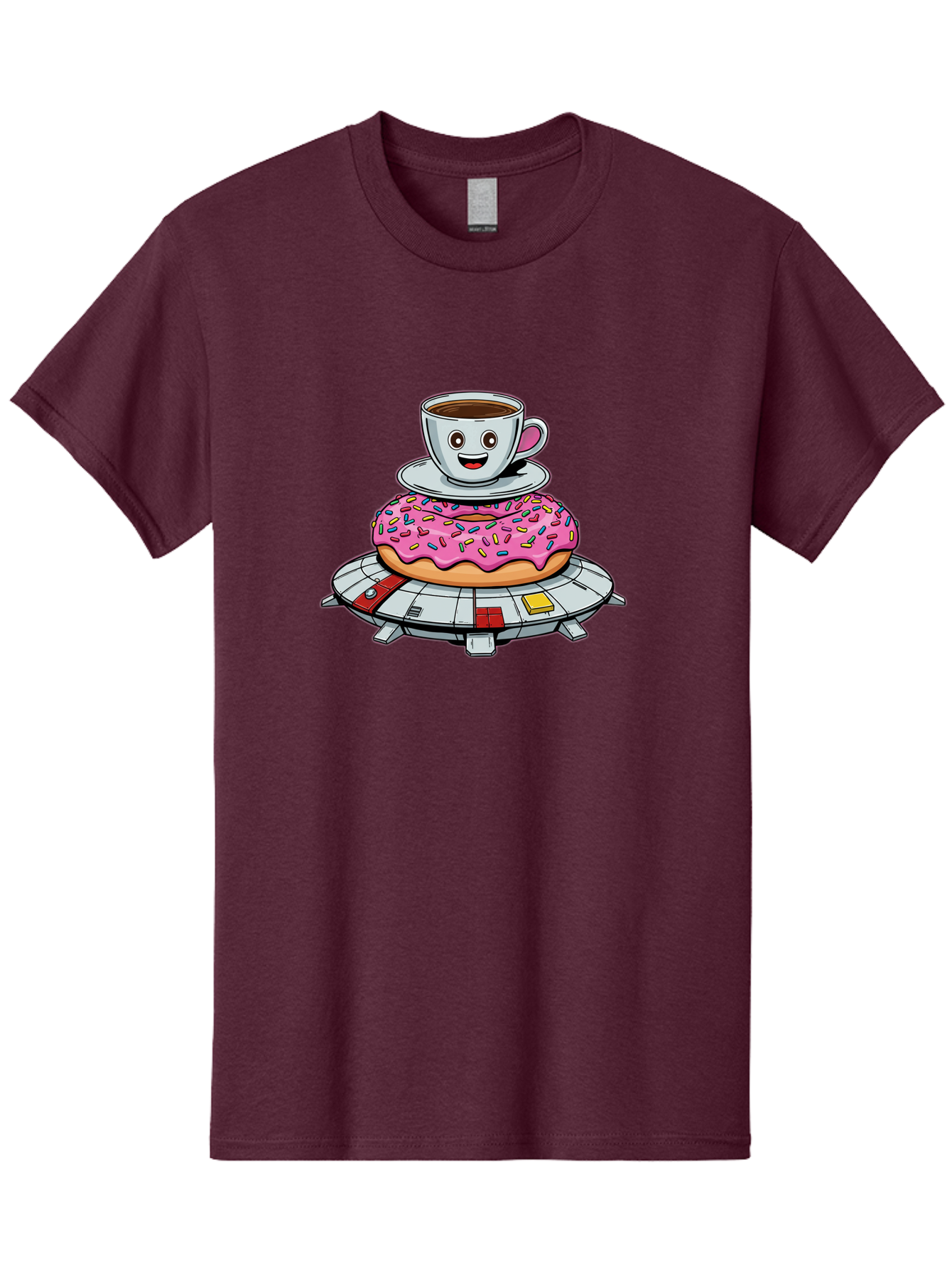 Donut-Coffee-Ufo Men'S Graphic Tee, 100% Cotton, Comfortable Casual Summer Wear, Machine Washable, Smiling Coffee Cup, Donut With Sprinkles, Flying Saucer, Cartoon Style, Whimsical Design, Fantasy Food, Humorous Illustration, Bab868