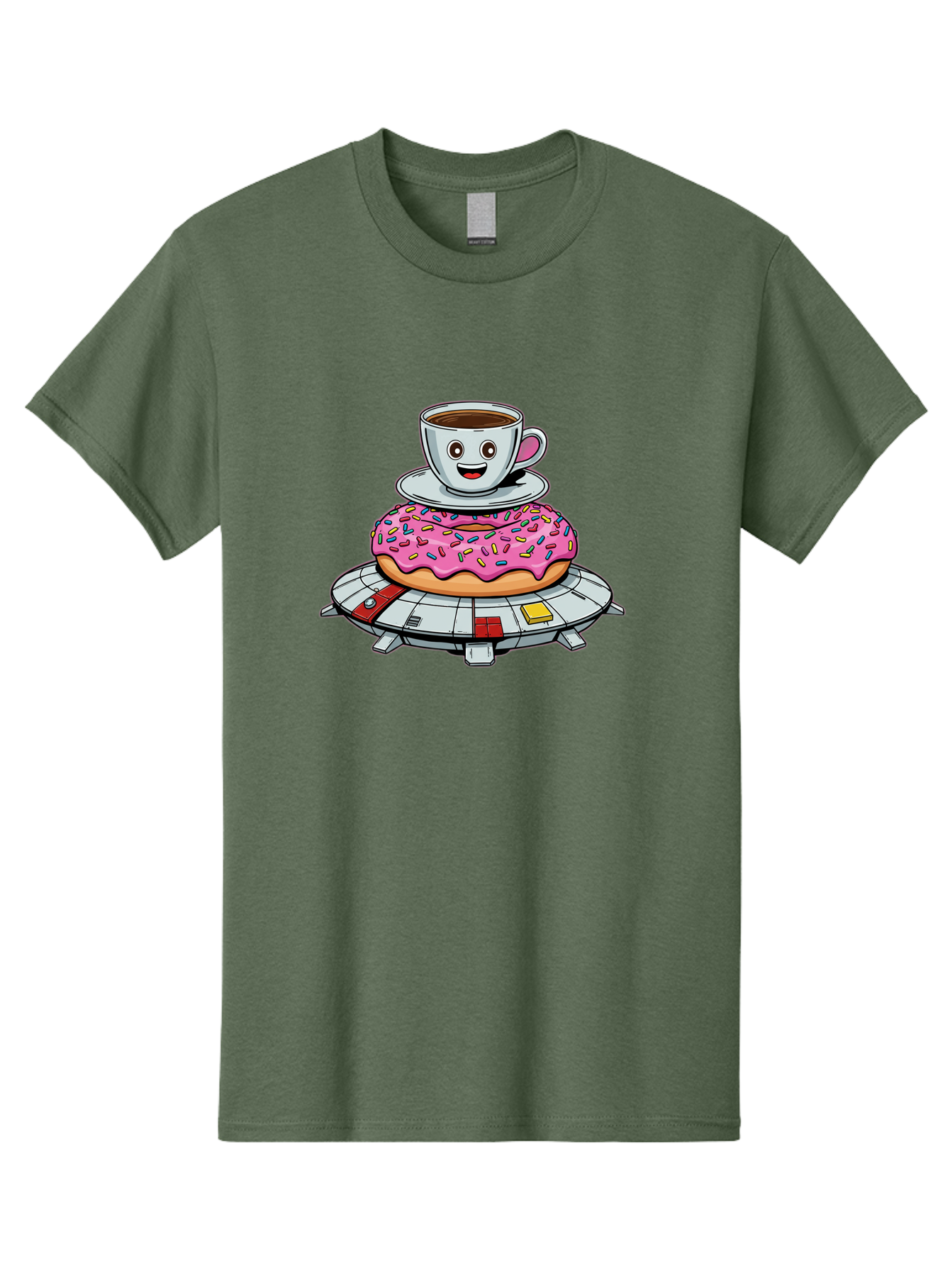 Donut-Coffee-Ufo Men'S Graphic Tee, 100% Cotton, Comfortable Casual Summer Wear, Machine Washable, Smiling Coffee Cup, Donut With Sprinkles, Flying Saucer, Cartoon Style, Whimsical Design, Fantasy Food, Humorous Illustration, Bab868