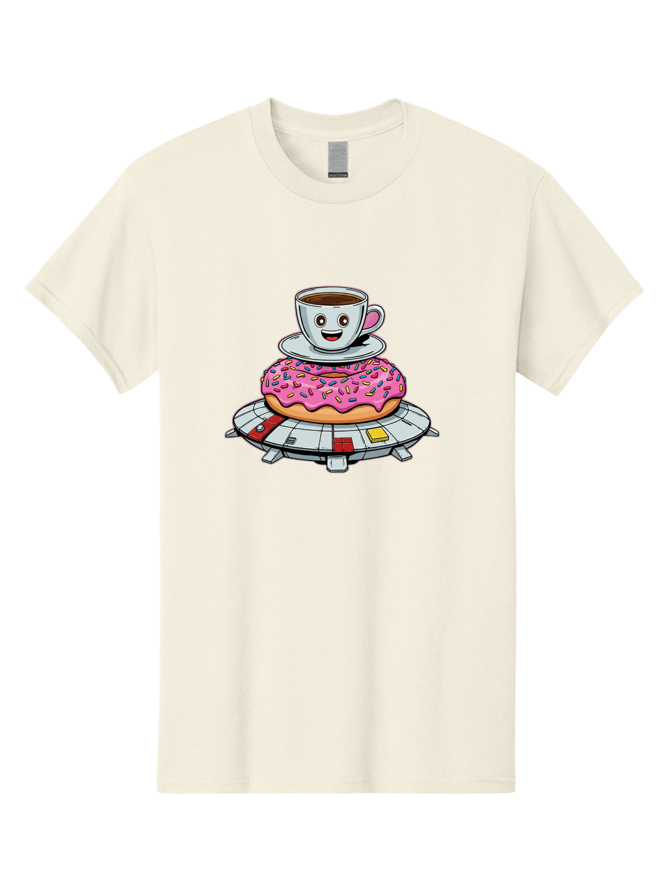 Donut-Coffee-Ufo Men'S Graphic Tee, 100% Cotton, Comfortable Casual Summer Wear, Machine Washable, Smiling Coffee Cup, Donut With Sprinkles, Flying Saucer, Cartoon Style, Whimsical Design, Fantasy Food, Humorous Illustration, Bab868