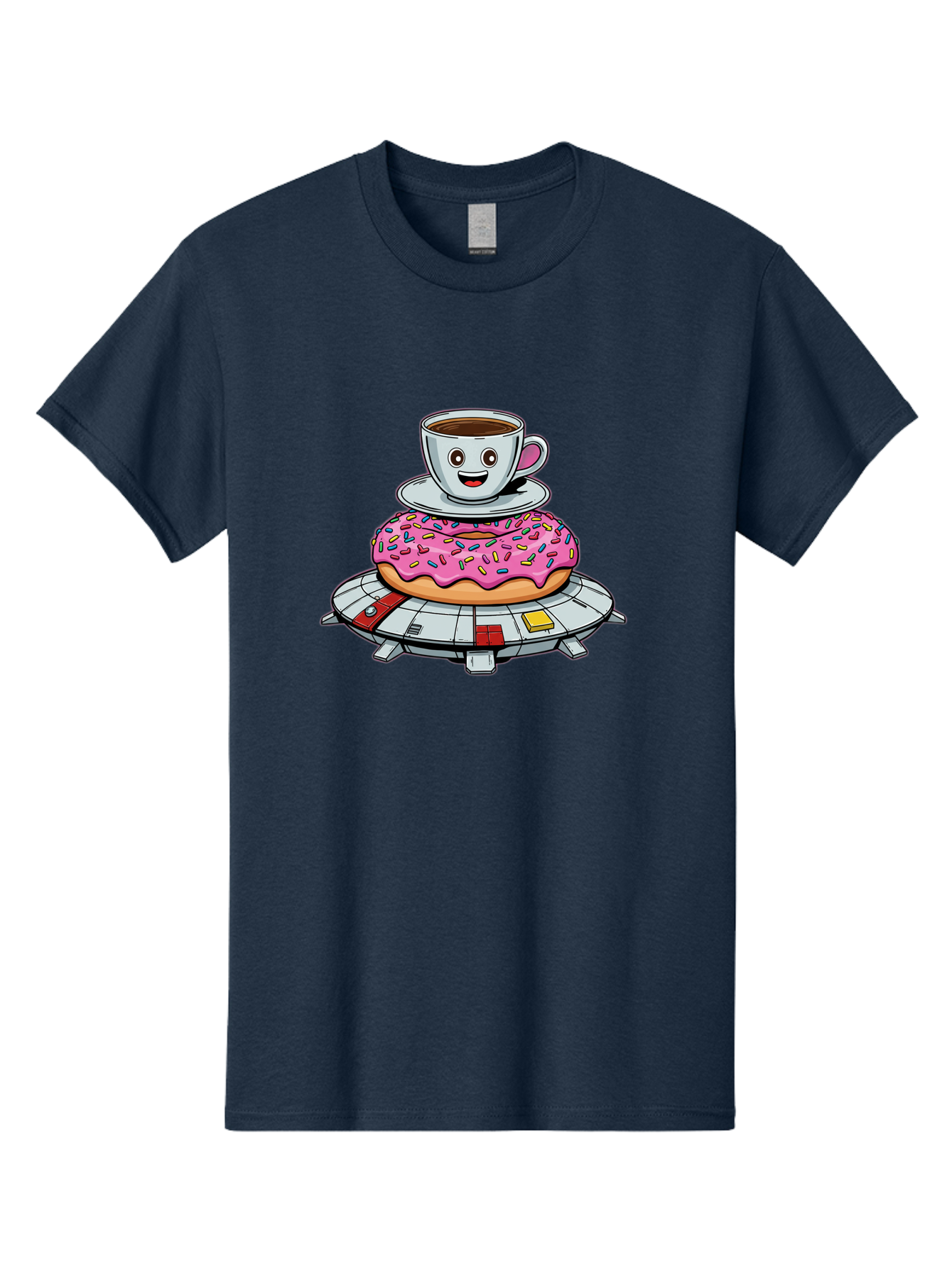 Donut-Coffee-Ufo Men'S Graphic Tee, 100% Cotton, Comfortable Casual Summer Wear, Machine Washable, Smiling Coffee Cup, Donut With Sprinkles, Flying Saucer, Cartoon Style, Whimsical Design, Fantasy Food, Humorous Illustration, Bab868