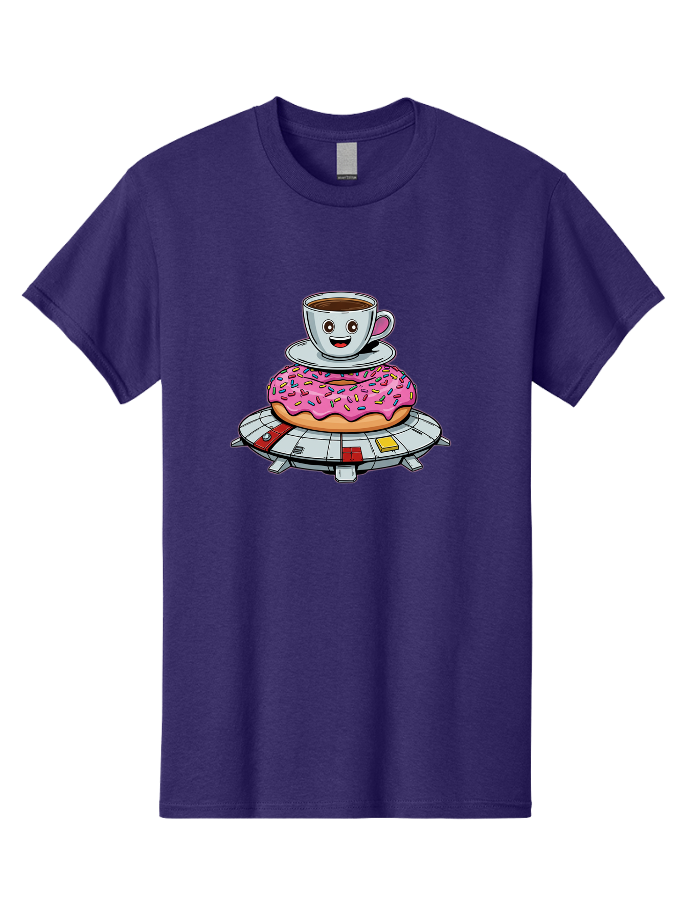 Donut-Coffee-Ufo Men'S Graphic Tee, 100% Cotton, Comfortable Casual Summer Wear, Machine Washable, Smiling Coffee Cup, Donut With Sprinkles, Flying Saucer, Cartoon Style, Whimsical Design, Fantasy Food, Humorous Illustration, Bab868