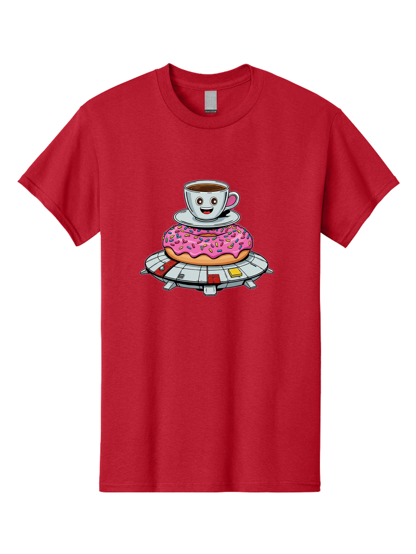 Donut-Coffee-Ufo Men'S Graphic Tee, 100% Cotton, Comfortable Casual Summer Wear, Machine Washable, Smiling Coffee Cup, Donut With Sprinkles, Flying Saucer, Cartoon Style, Whimsical Design, Fantasy Food, Humorous Illustration, Bab868