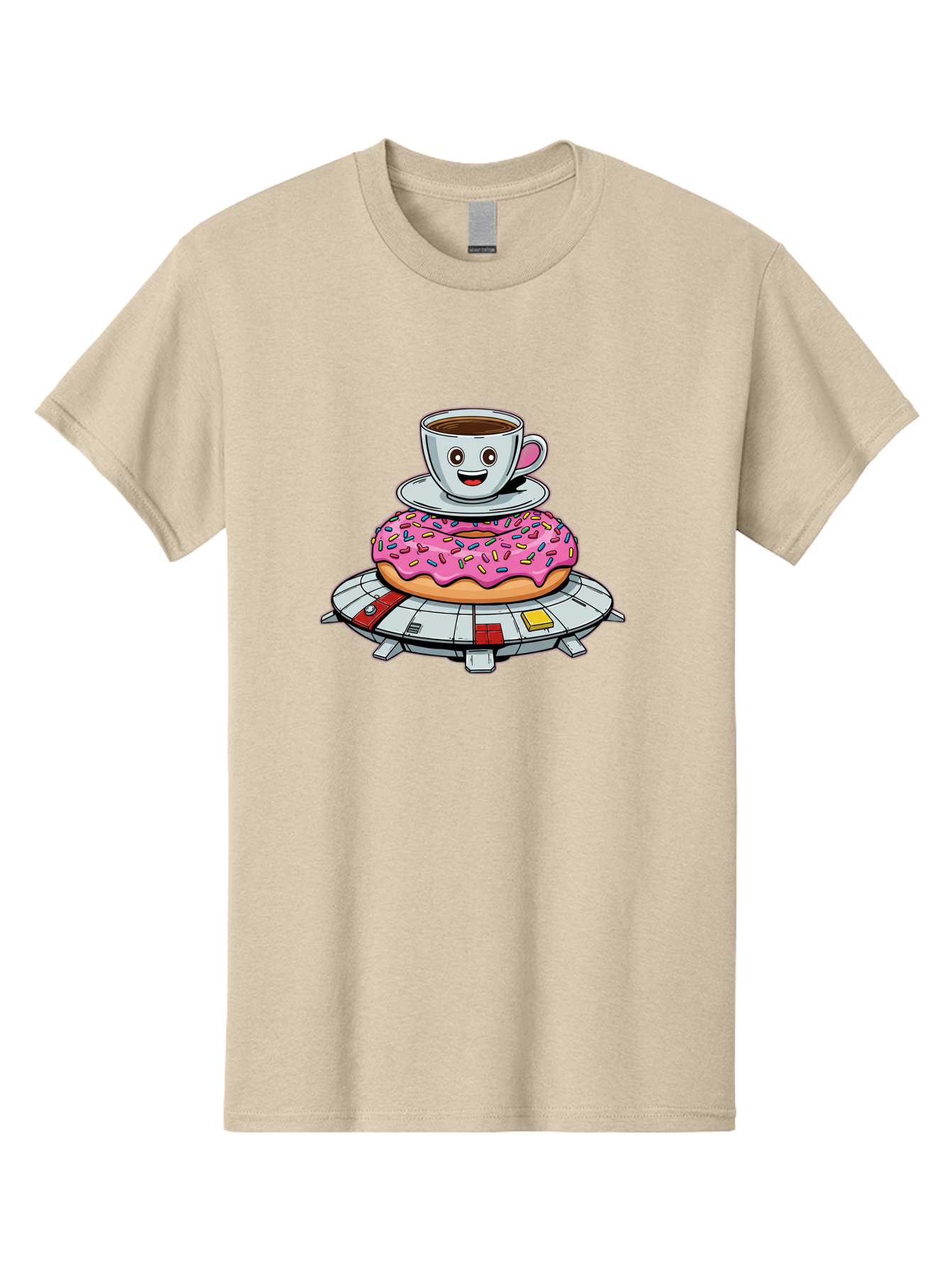 Donut-Coffee-Ufo Men'S Graphic Tee, 100% Cotton, Comfortable Casual Summer Wear, Machine Washable, Smiling Coffee Cup, Donut With Sprinkles, Flying Saucer, Cartoon Style, Whimsical Design, Fantasy Food, Humorous Illustration, Bab868