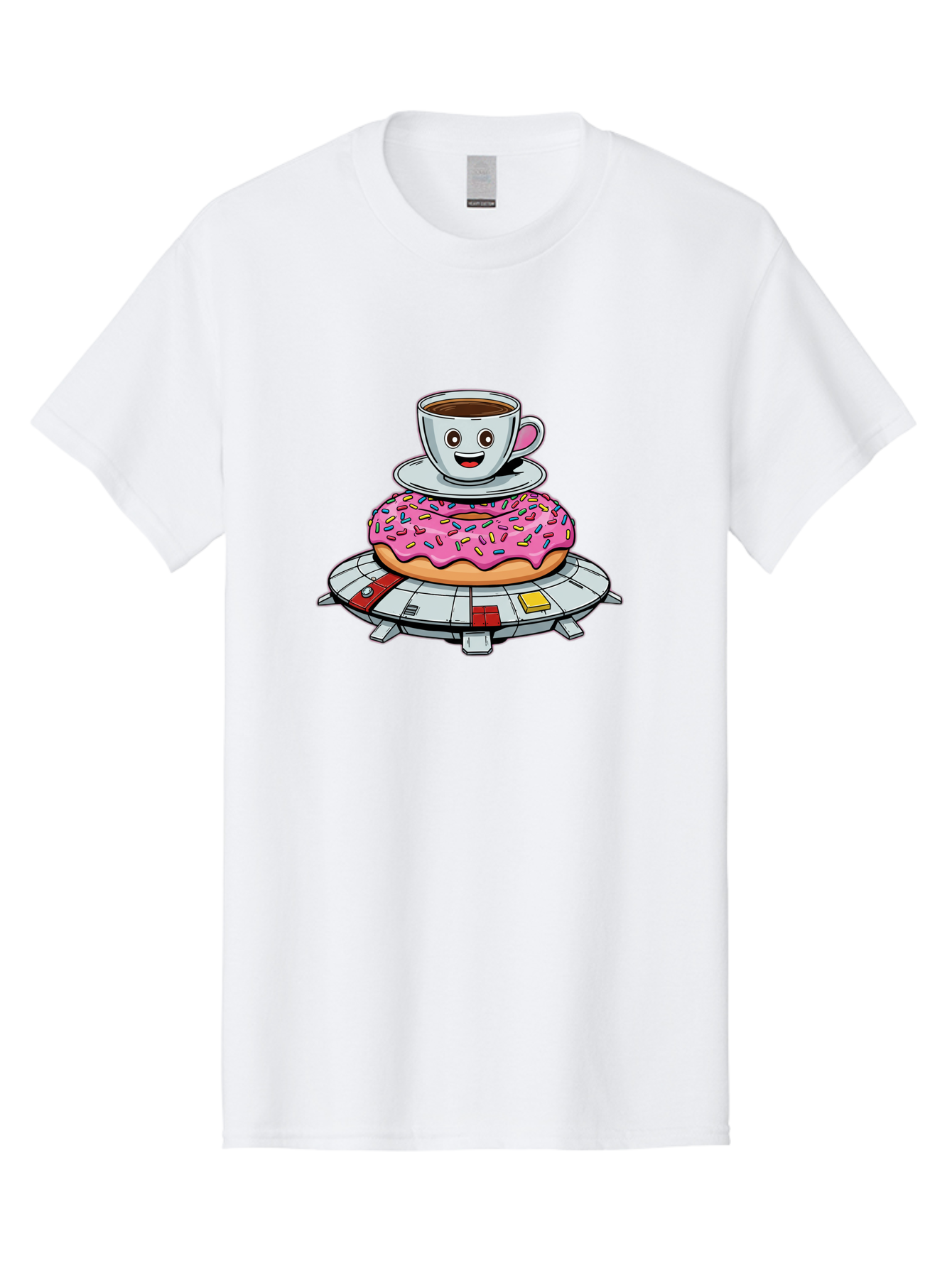 Donut-Coffee-Ufo Men'S Graphic Tee, 100% Cotton, Comfortable Casual Summer Wear, Machine Washable, Smiling Coffee Cup, Donut With Sprinkles, Flying Saucer, Cartoon Style, Whimsical Design, Fantasy Food, Humorous Illustration, Bab868