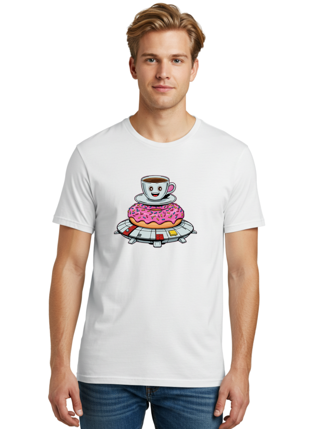 Donut-Coffee-Ufo Men'S Graphic Tee, 100% Cotton, Comfortable Casual Summer Wear, Machine Washable, Smiling Coffee Cup, Donut With Sprinkles, Flying Saucer, Cartoon Style, Whimsical Design, Fantasy Food, Humorous Illustration, Bab868