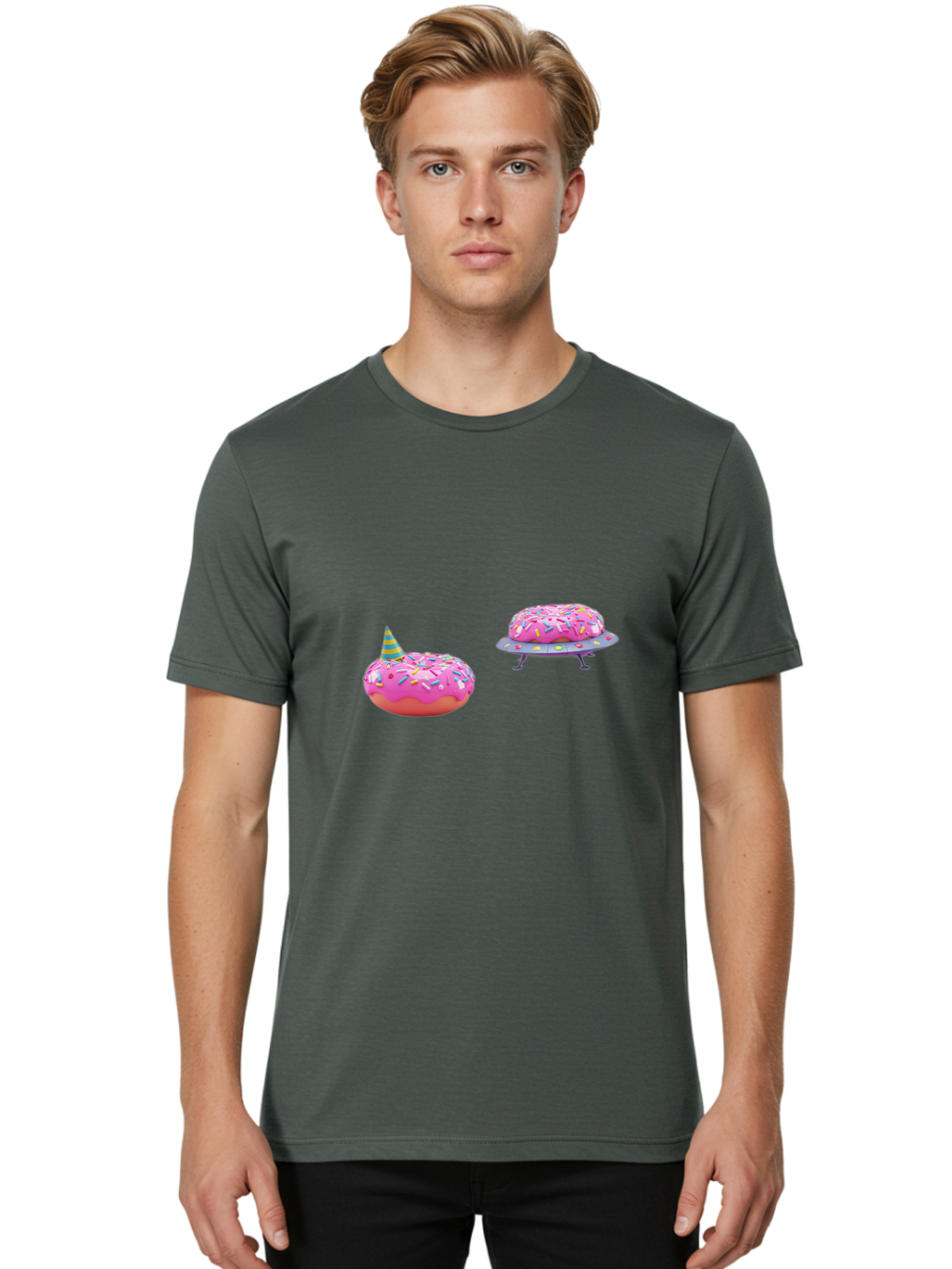 Donut-Party Men'S Graphic Tee, 100% Cotton, Comfortable Casual Summer Wear, Machine Washable, Pink Donut Inflatables, Donut Shaped Pool Floats, Colorful Sprinkles, Party Hat, Whimsical Decor, Fun Accessories, Retro Style, Summer Vibes Bab869