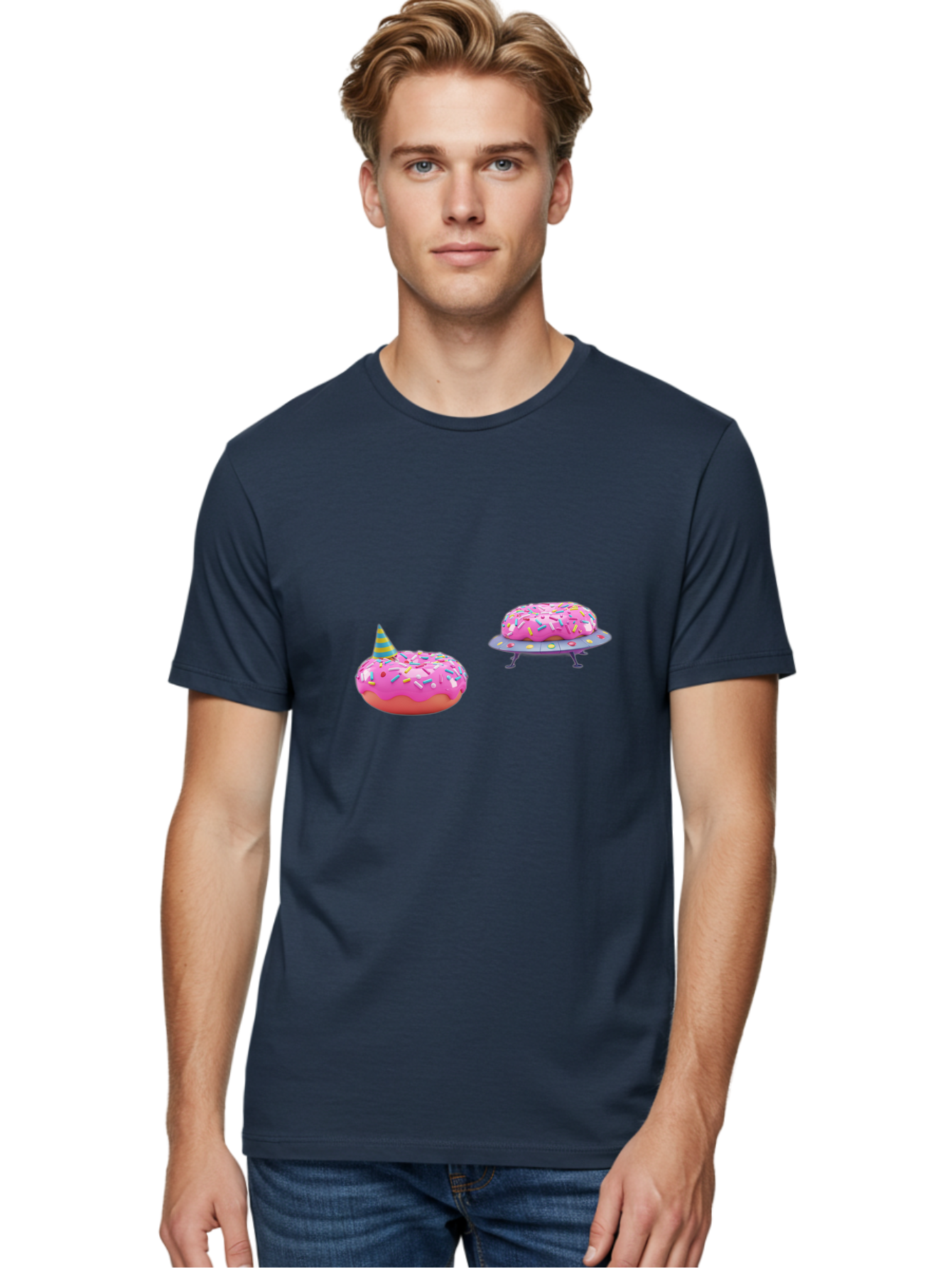 Donut-Party Men'S Graphic Tee, 100% Cotton, Comfortable Casual Summer Wear, Machine Washable, Pink Donut Inflatables, Donut Shaped Pool Floats, Colorful Sprinkles, Party Hat, Whimsical Decor, Fun Accessories, Retro Style, Summer Vibes Bab869