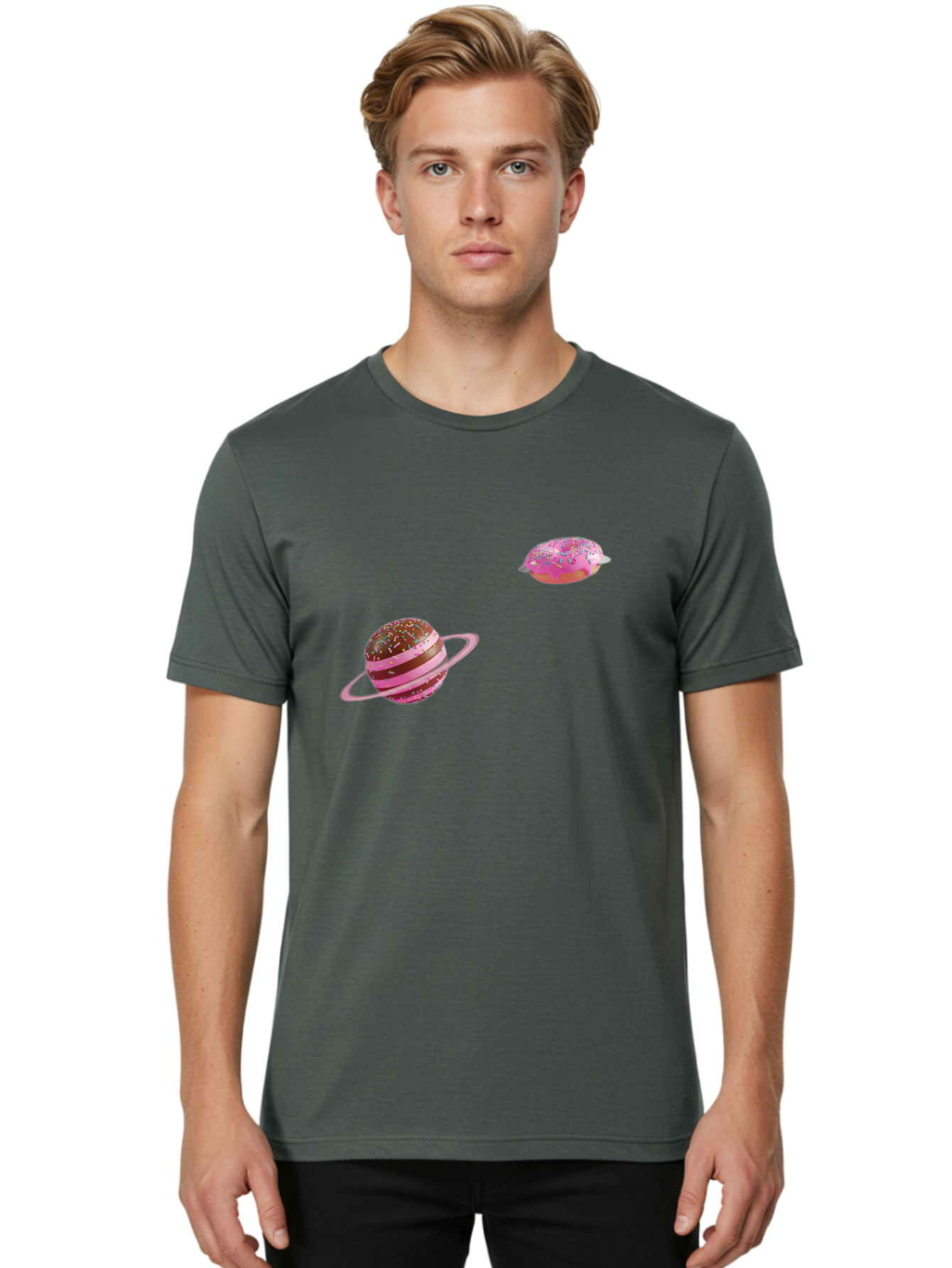 Donut-Planets Men'S Graphic Tee, 100% Cotton, Comfortable Casual Summer Wear, Machine Washable, Donut With Sprinkles, Planet With Ring, Pink Frosting, Chocolate Donut, Sprinkle Donut, Donut Planet, Fantasy Dessert, Sweet Treat, Bab870