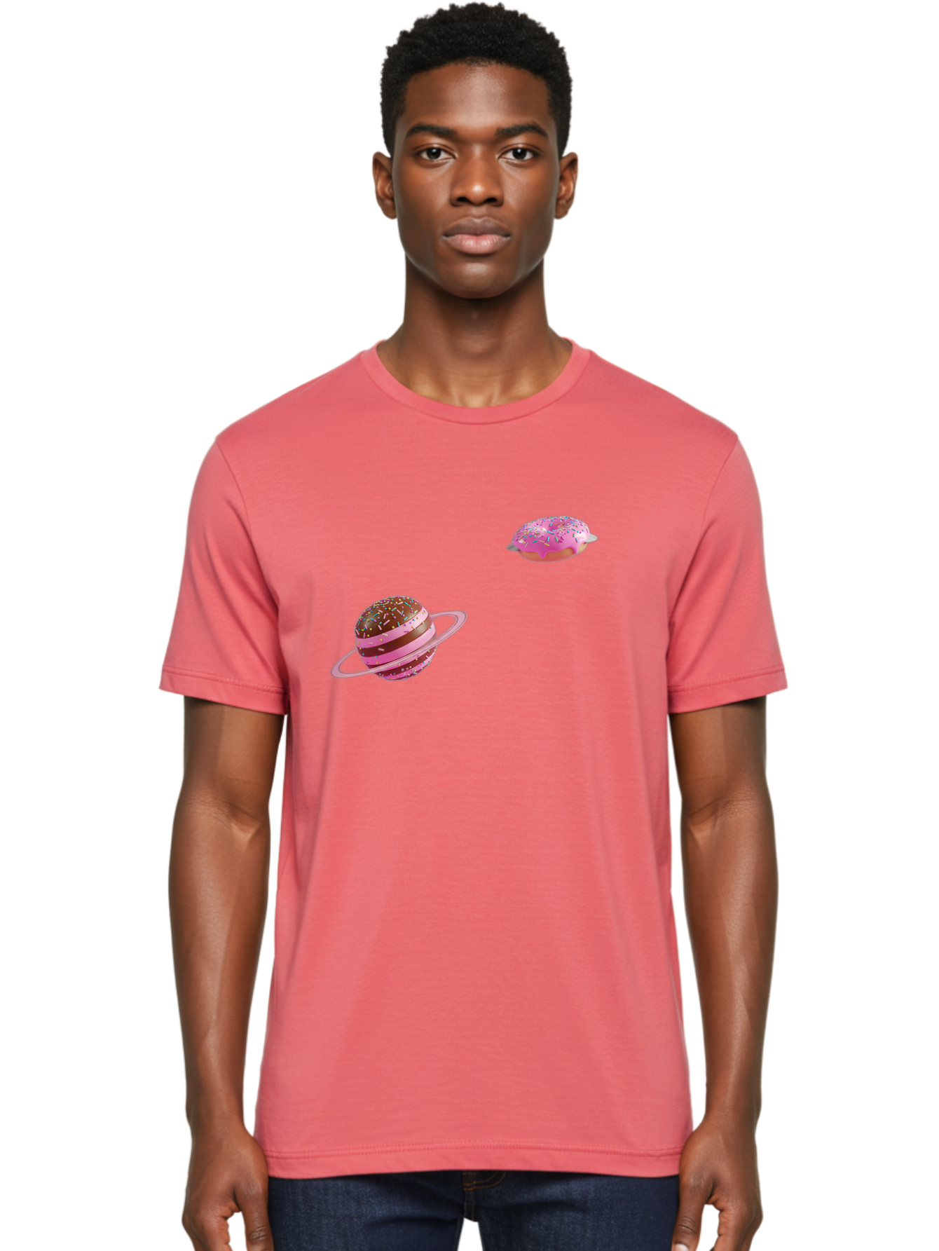 Donut-Planets Men'S Graphic Tee, 100% Cotton, Comfortable Casual Summer Wear, Machine Washable, Donut With Sprinkles, Planet With Ring, Pink Frosting, Chocolate Donut, Sprinkle Donut, Donut Planet, Fantasy Dessert, Sweet Treat, Bab870