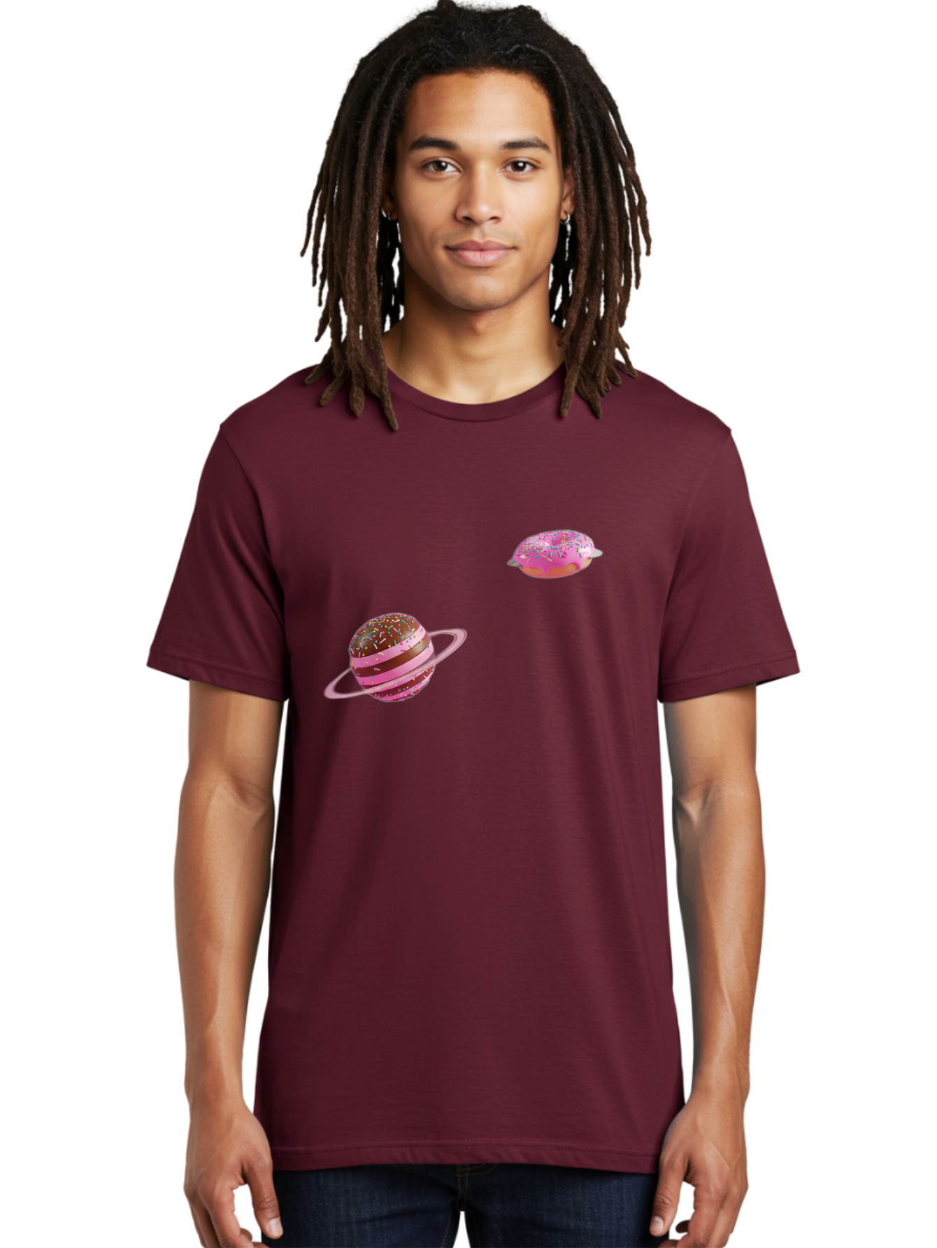 Donut-Planets Men'S Graphic Tee, 100% Cotton, Comfortable Casual Summer Wear, Machine Washable, Donut With Sprinkles, Planet With Ring, Pink Frosting, Chocolate Donut, Sprinkle Donut, Donut Planet, Fantasy Dessert, Sweet Treat, Bab870