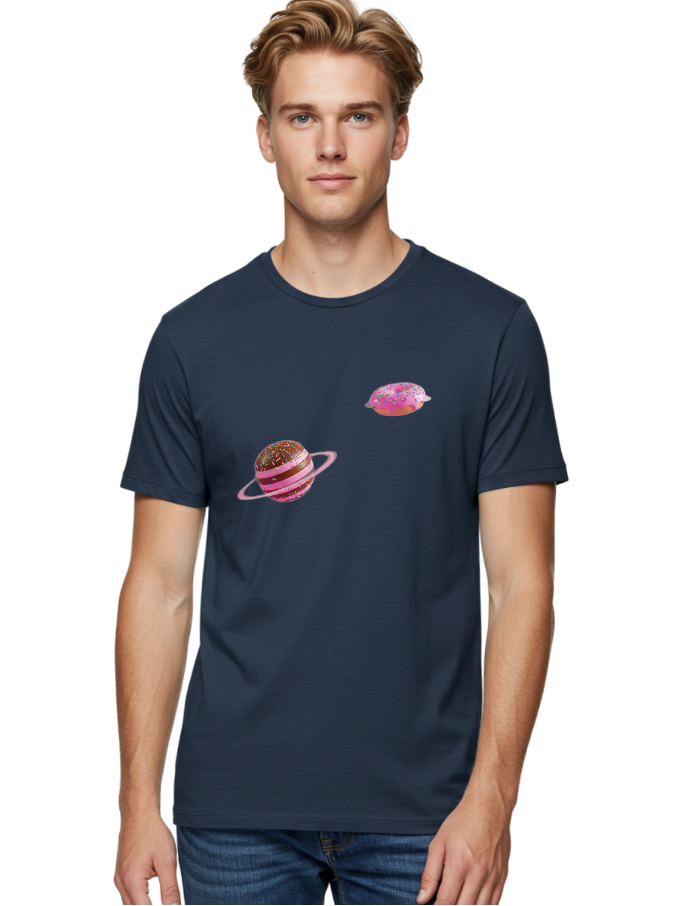 Donut-Planets Men'S Graphic Tee, 100% Cotton, Comfortable Casual Summer Wear, Machine Washable, Donut With Sprinkles, Planet With Ring, Pink Frosting, Chocolate Donut, Sprinkle Donut, Donut Planet, Fantasy Dessert, Sweet Treat, Bab870